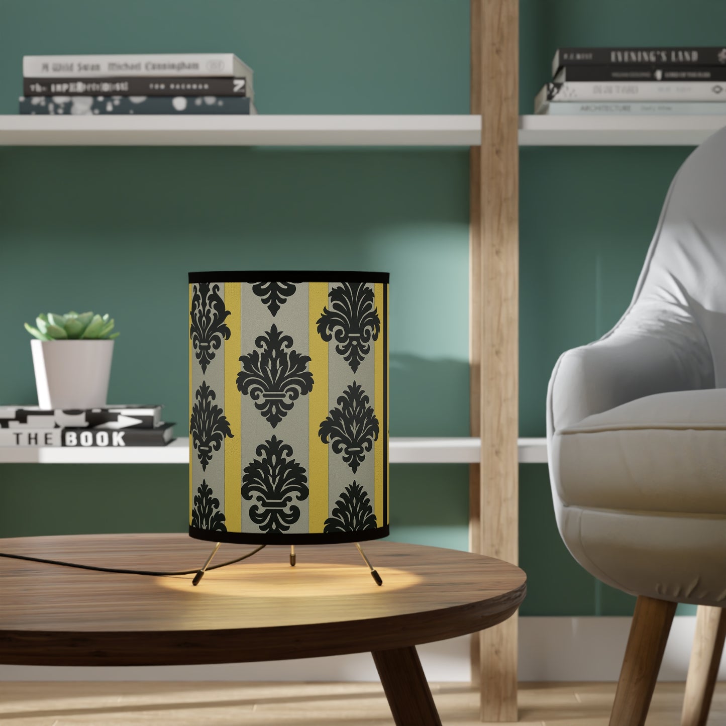 Elegant Tripod Lamp with High-Res Printed Damask Shade, Handmade Home Decor, Cozy Lighting - - Silver & Gold Striped Black Baroque