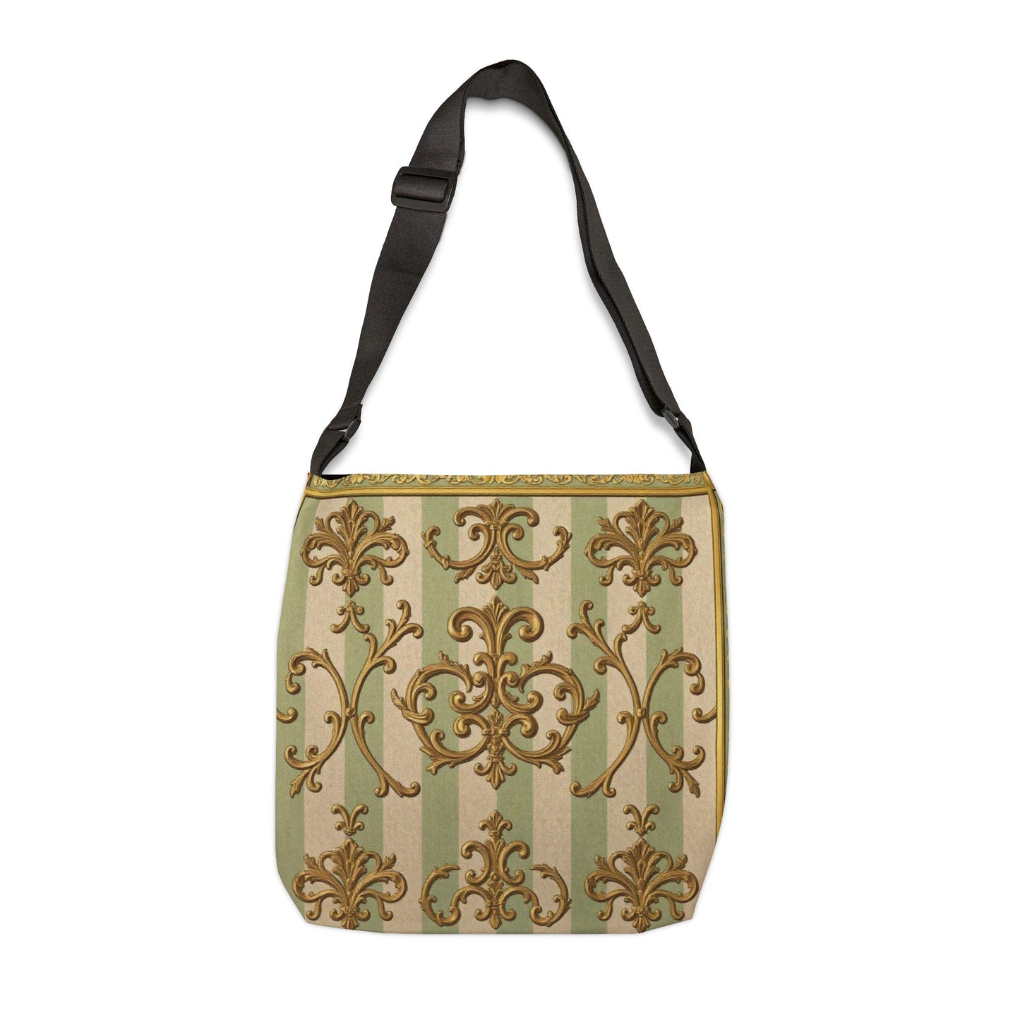 Elegant Adjustable Tote Bag, Stylish Crossbody Bag, Chic Everyday Tote, Versatile Travel Companion - Mint Green & Beige Striped Gold Baroque