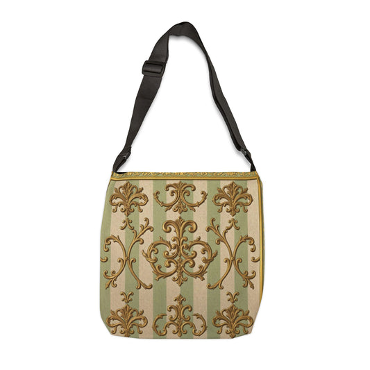 Elegant Adjustable Tote Bag, Stylish Crossbody Bag, Chic Everyday Tote, Versatile Travel Companion - Mint Green & Beige Striped Gold Baroque