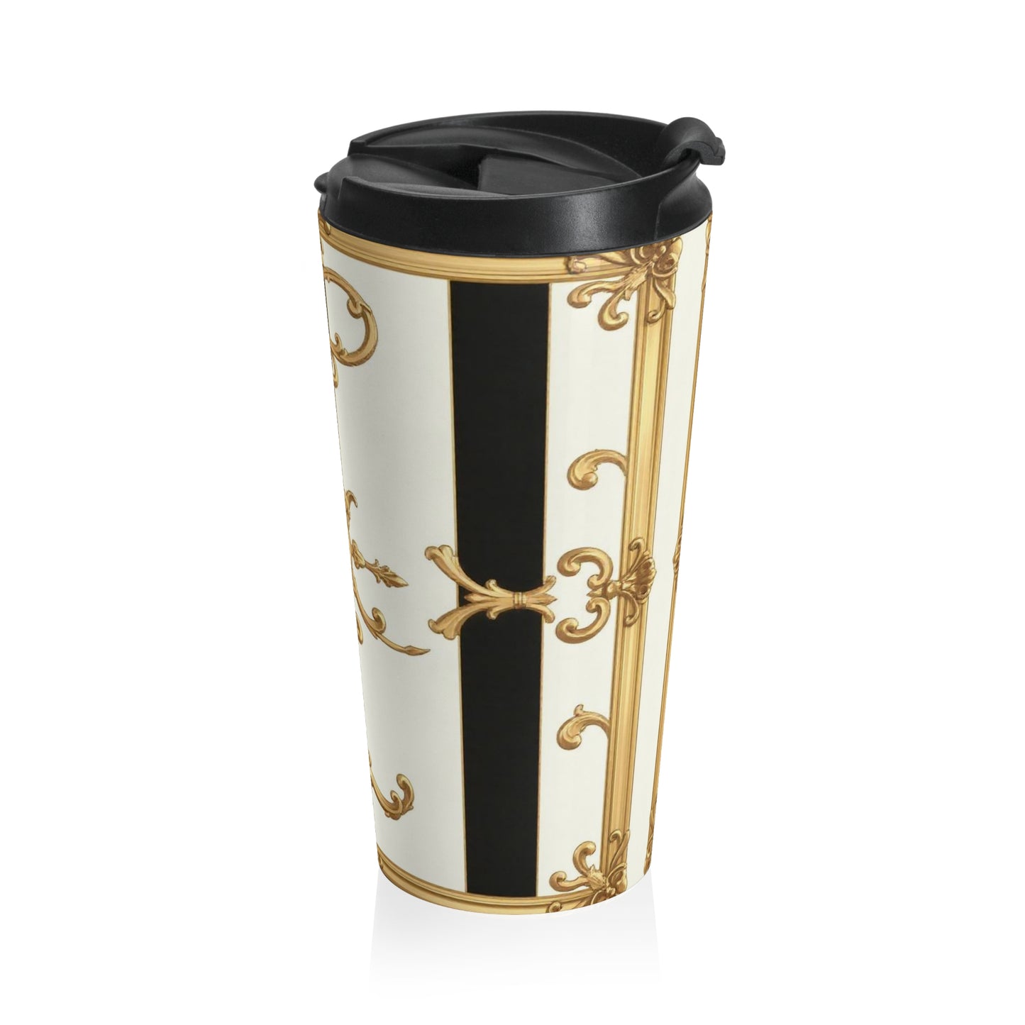 Elegant Stainless Steel Travel Mug with Ornate Design - Perfect Gift for Coffee Lovers, Travel Companion - Black & White Striped Gold Baroque