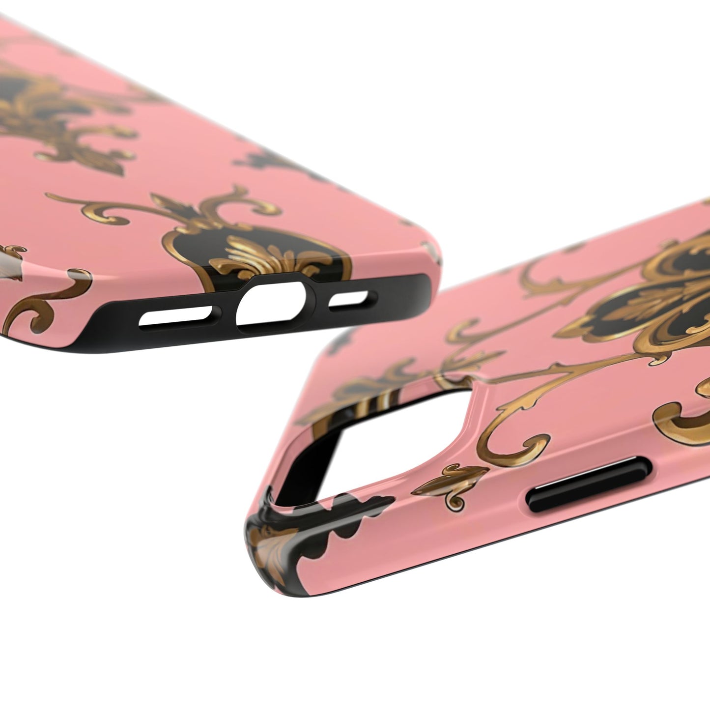 Chic Tough Phone Cases with Floral Design, Elegant Phone Cover, Durable Smartphone Case, Stylish Tech Accessory - Pink, Black & Gold Rococo