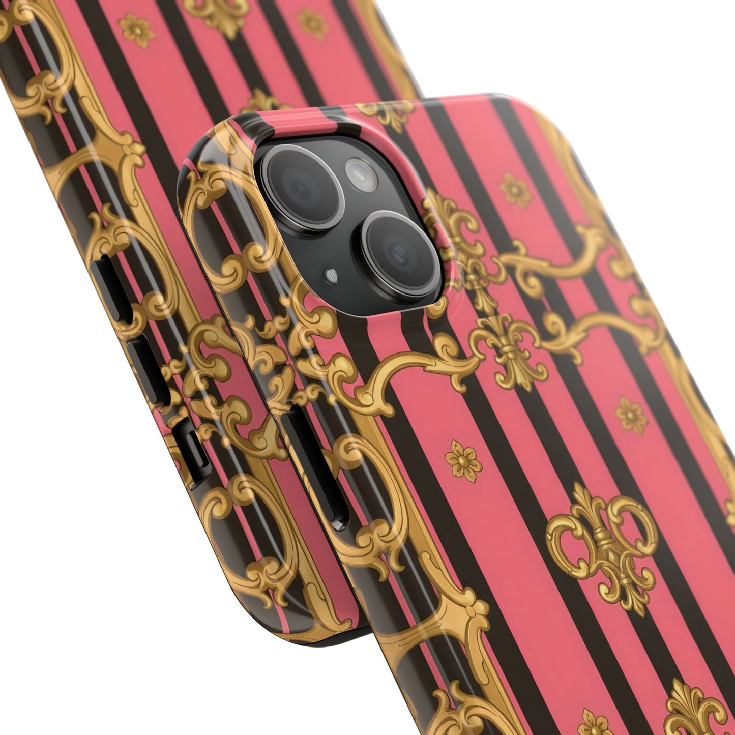 Elegant Baroque Tough Phone Cases, Stylish Protection, Gift for Her, Trendy Accessory - Pink & Black Striped Gold Baroque