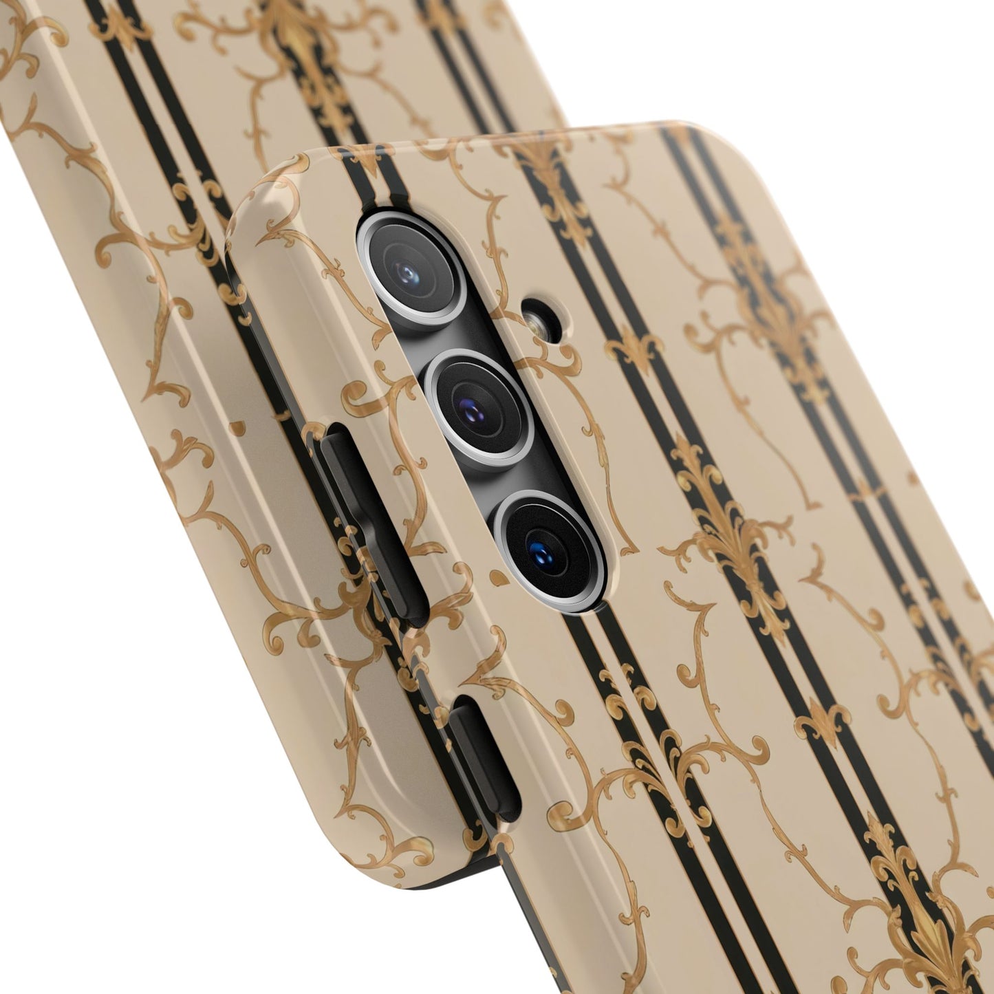 Elegantly Tough Phone Cases | Stylish Phone Covers, Durable Cases, Fashionable Accessories - Black & Beige Striped Damask