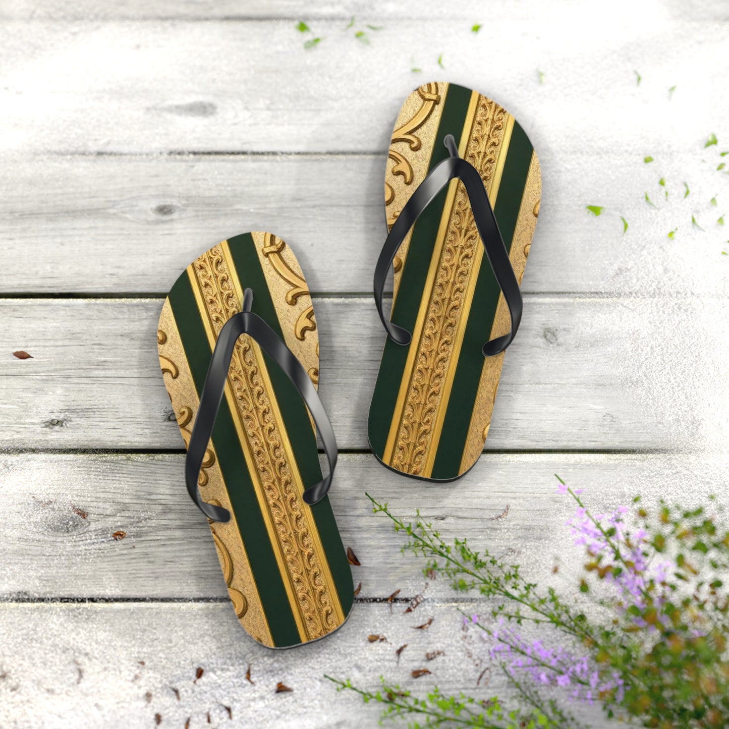 Elegant Teal Striped Gold Baroque Flip Flops, Summer Sandals, Beach Footwear, Vacation Essentials, Stylish Slippers, Poolside Accessories