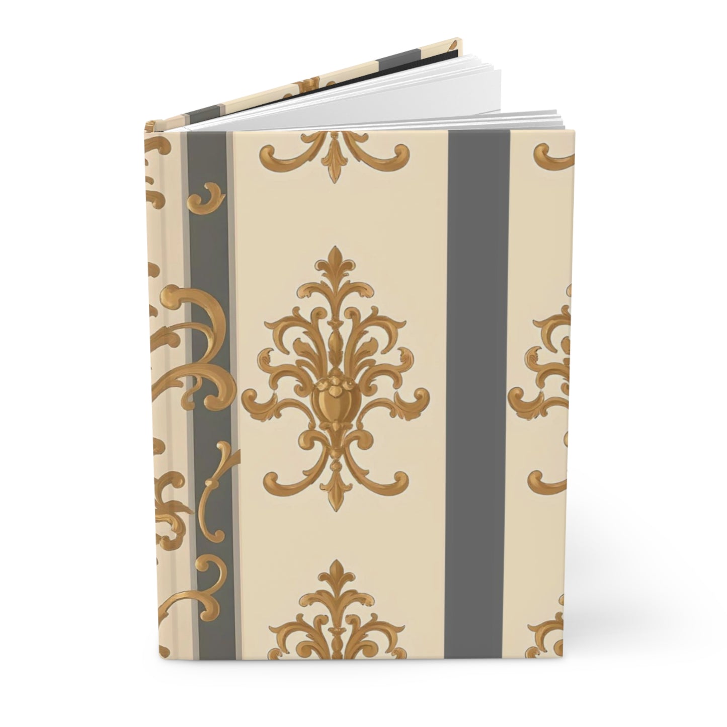 Elegant Floral Motif Hardcover Journal - Stylish Writing Notebook - Dusk Olive Striped Gold Damask