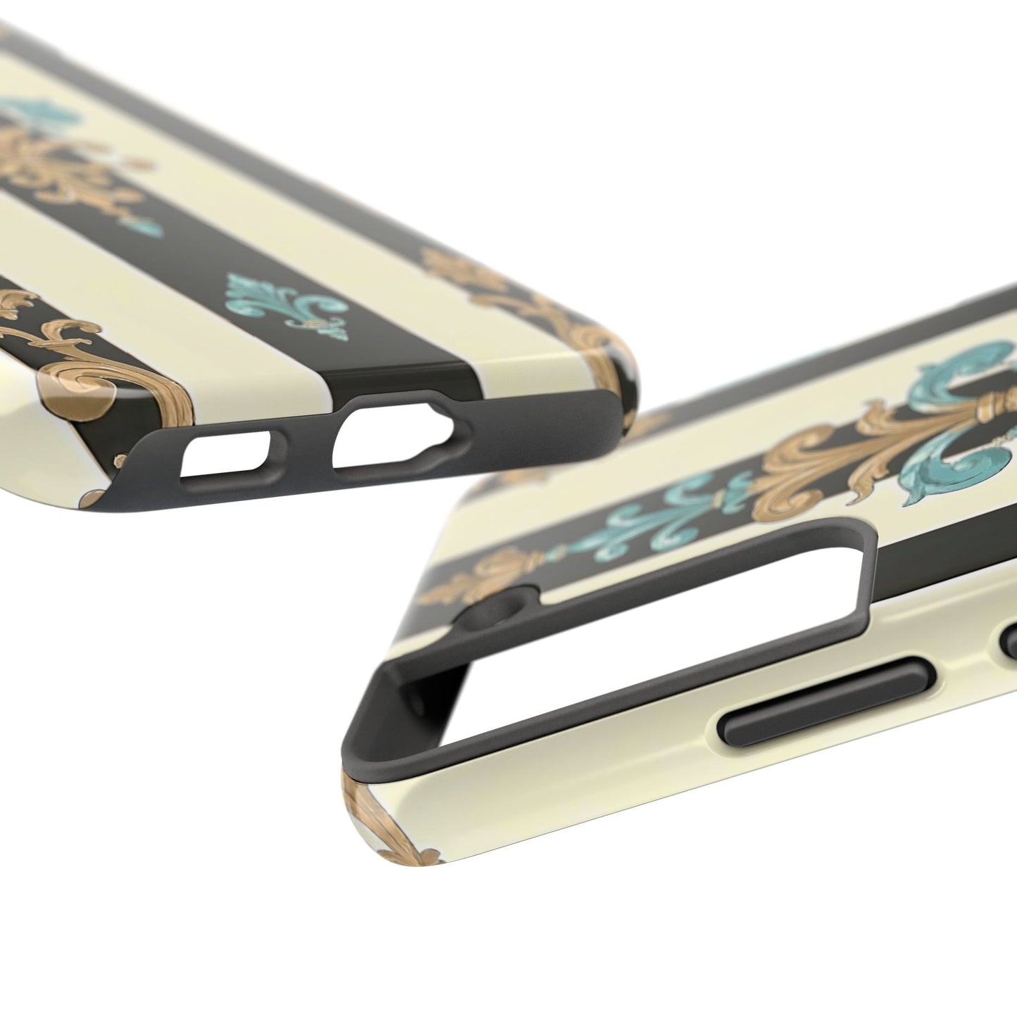 Elegant Vintage Tough Phone Cases, Stylish Phone Accessories, Quality Protection, Gifts for Her - Black Striped Turquoise & Black Rococo