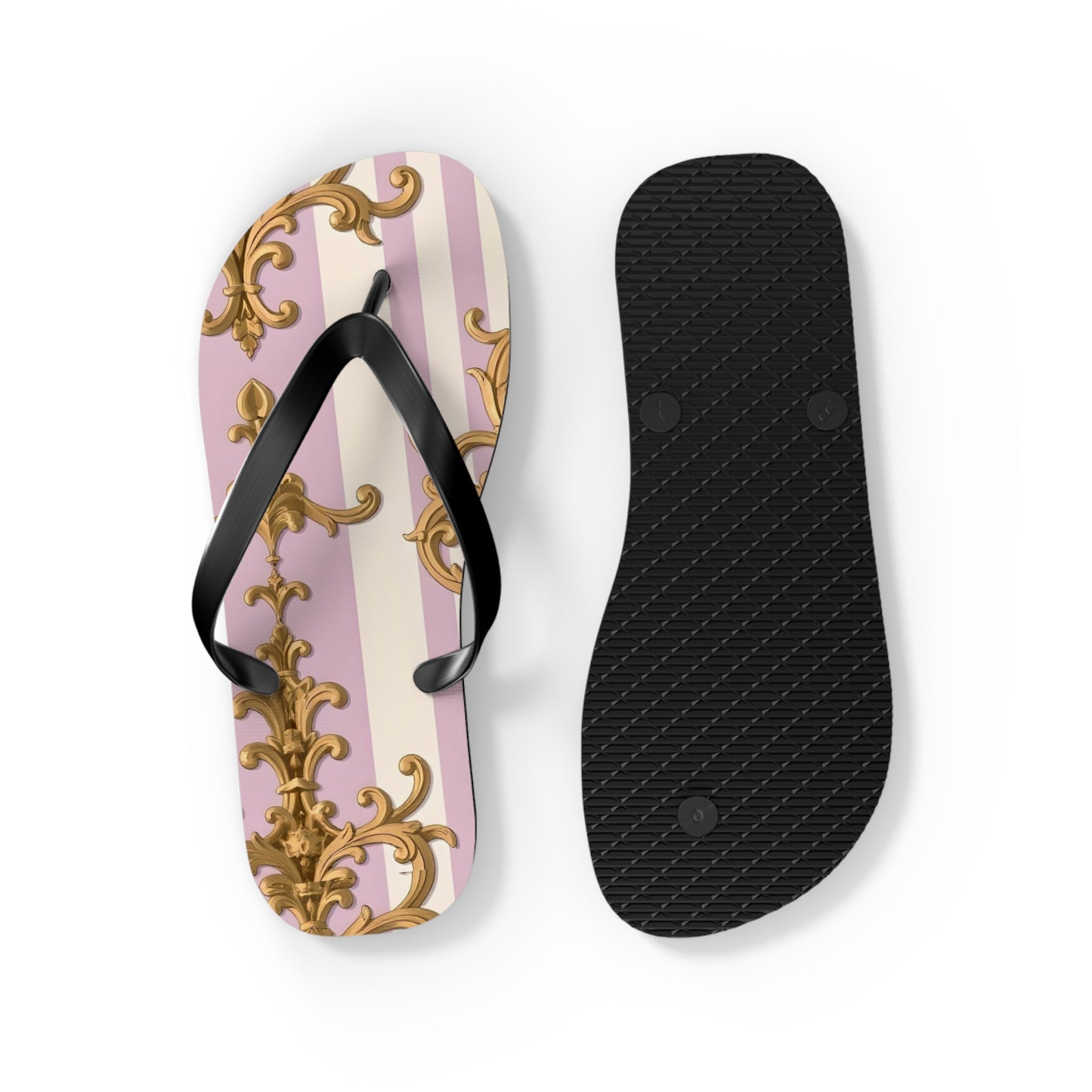 Chic Patterned Flip Flops for Stylish Summer Vibes, Beach Footwear, Vacation Sandals - Lilac & Alabaster Striped Gold Baroque