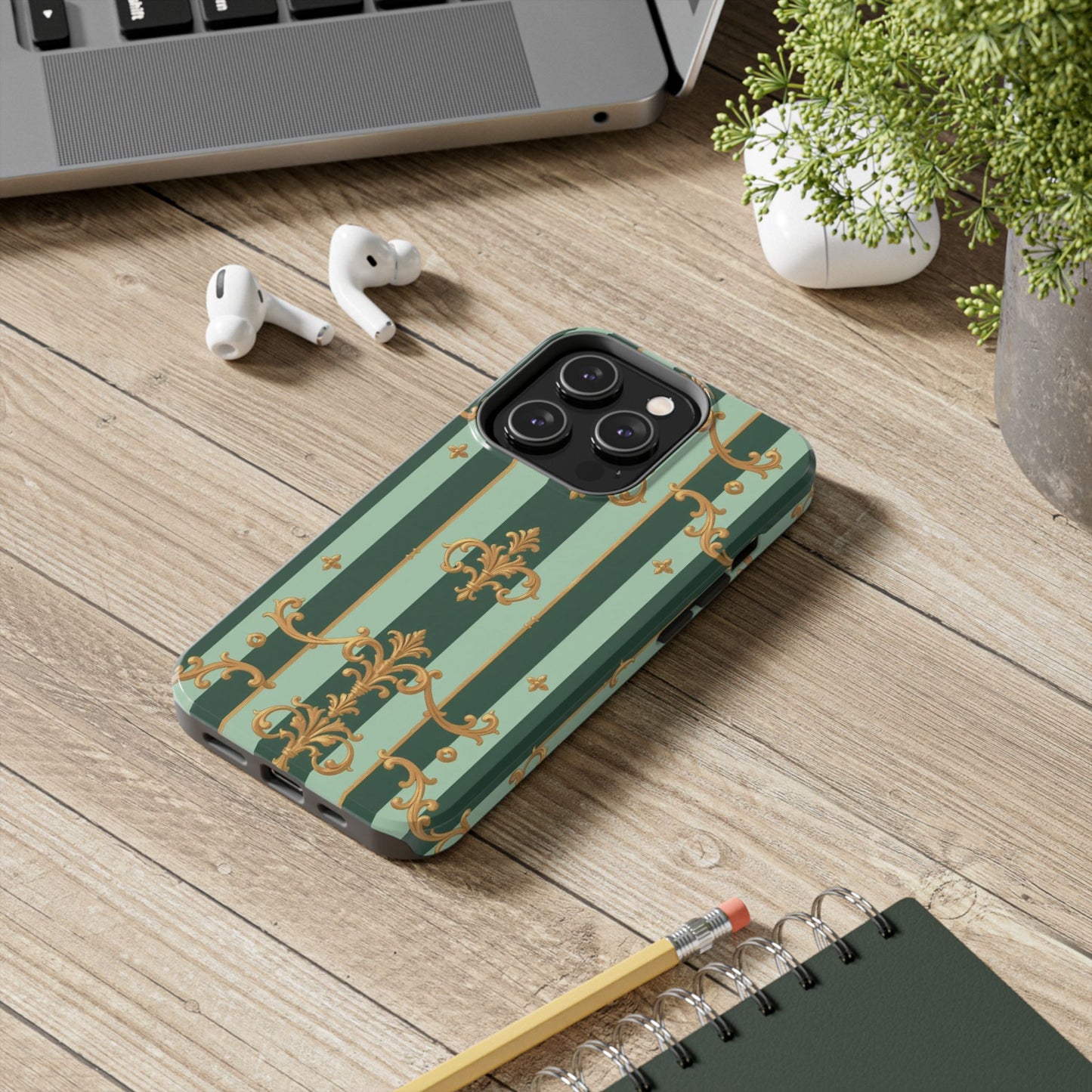 Elegant Floral Tough Phone Cases | Stylish Phone Protection, Gift for Her, Trendy Accessory, Unique Decor - Mint Green & Teal Striped Gold Baroque