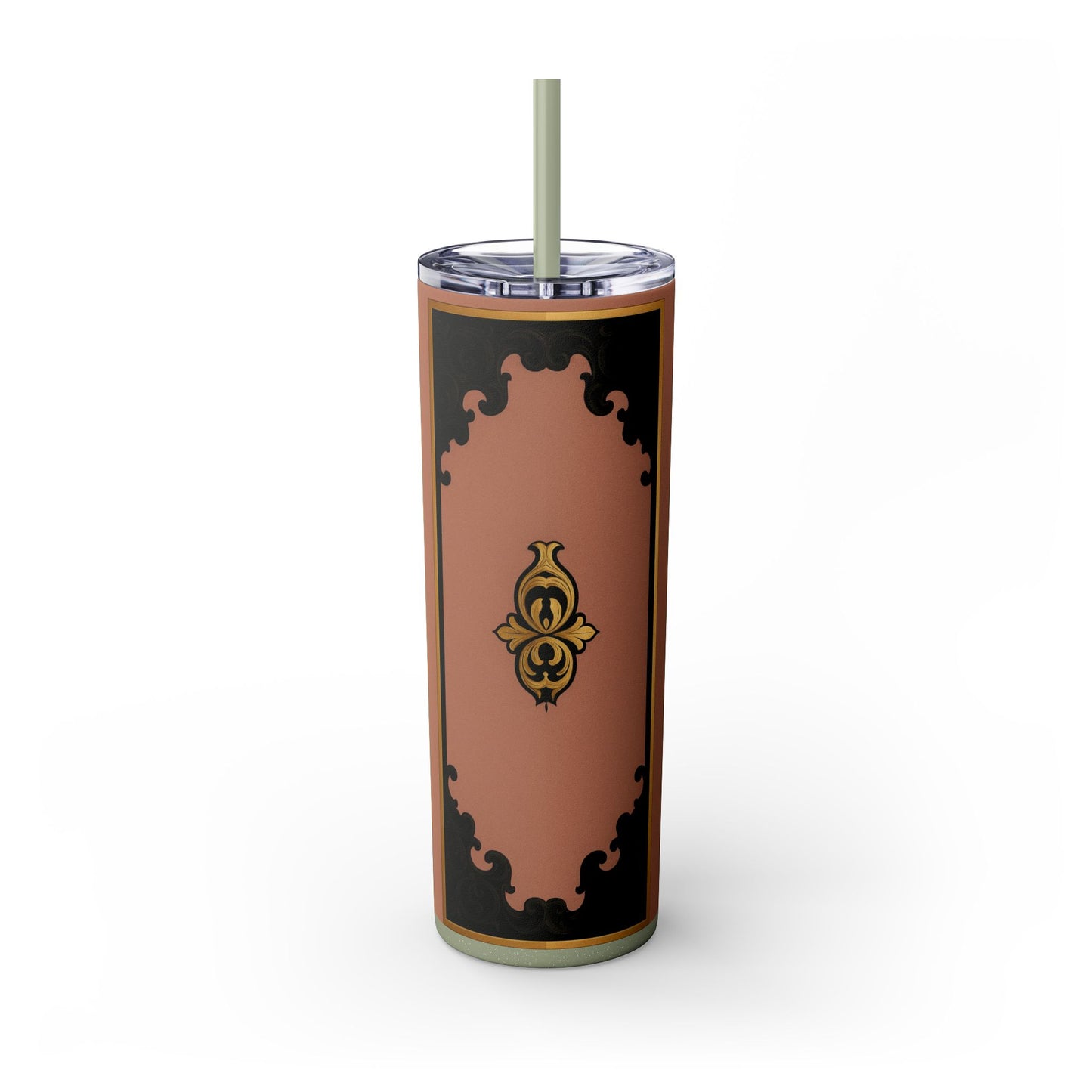 20oz Skinny Tumbler with Straw — Vintage Mauve & Black-Gold Baroque Design
