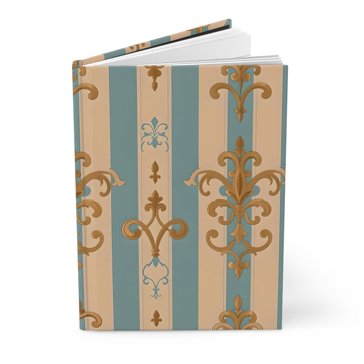 Elegant Floral Motif Hardcover Journal - Stylish Writing Notebook -  Beige & Sky Blue Striped Gold Damask