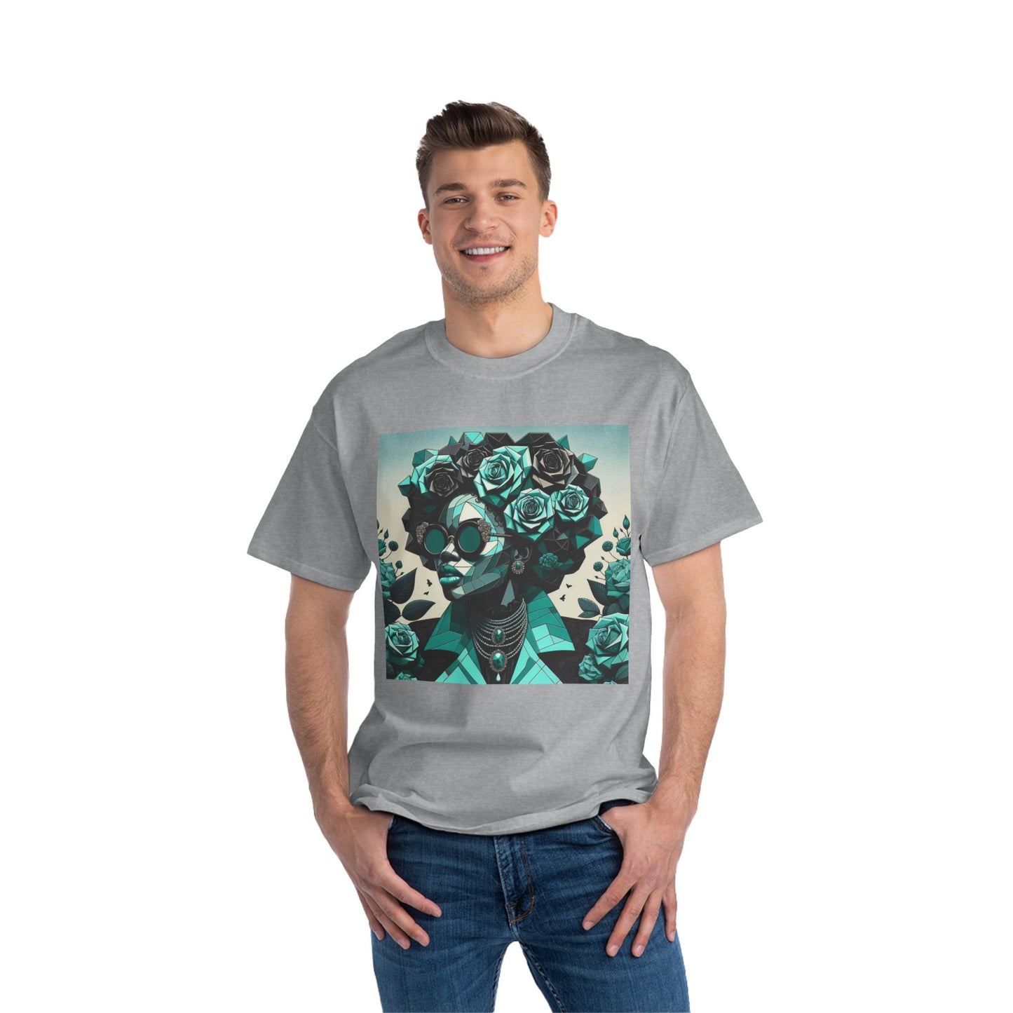 Trendy Floral Graphic Tee | Artistic Short-Sleeve Shirt, Fashionable Summer Top, Chic Gift for Her - Turquoise & Black Roses Lady