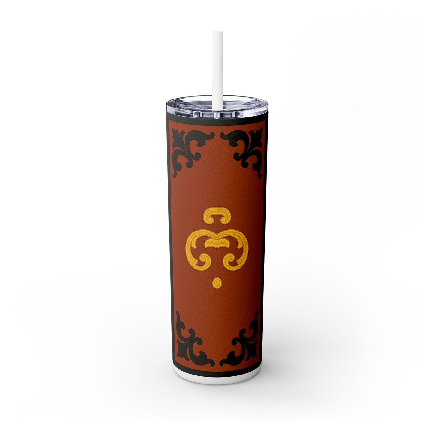 Dusk Terracotta Baroque 20oz Skinny Tumbler with Straw — Vintage Gold Baroque Design