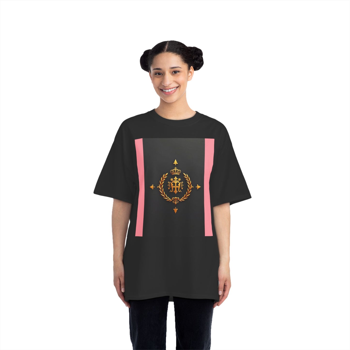 Short-Sleeve Graphic T-Shirt, Stylish Casual Wear, Trendy Gift for Friends, Summer Fashion, Statement Tee, Everyday Comfort - Pink Striped Gold Crest
