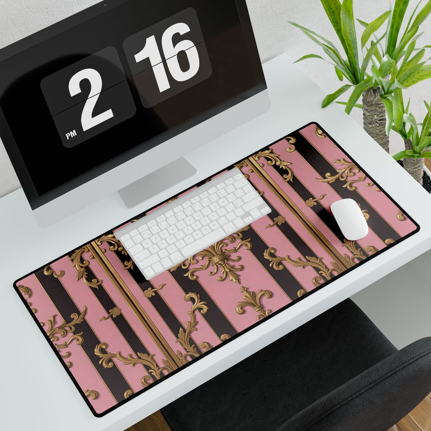 Elegant Floral Motif Desk Mat for Home Office Decor - Pink & Brown Striped Gold Damask