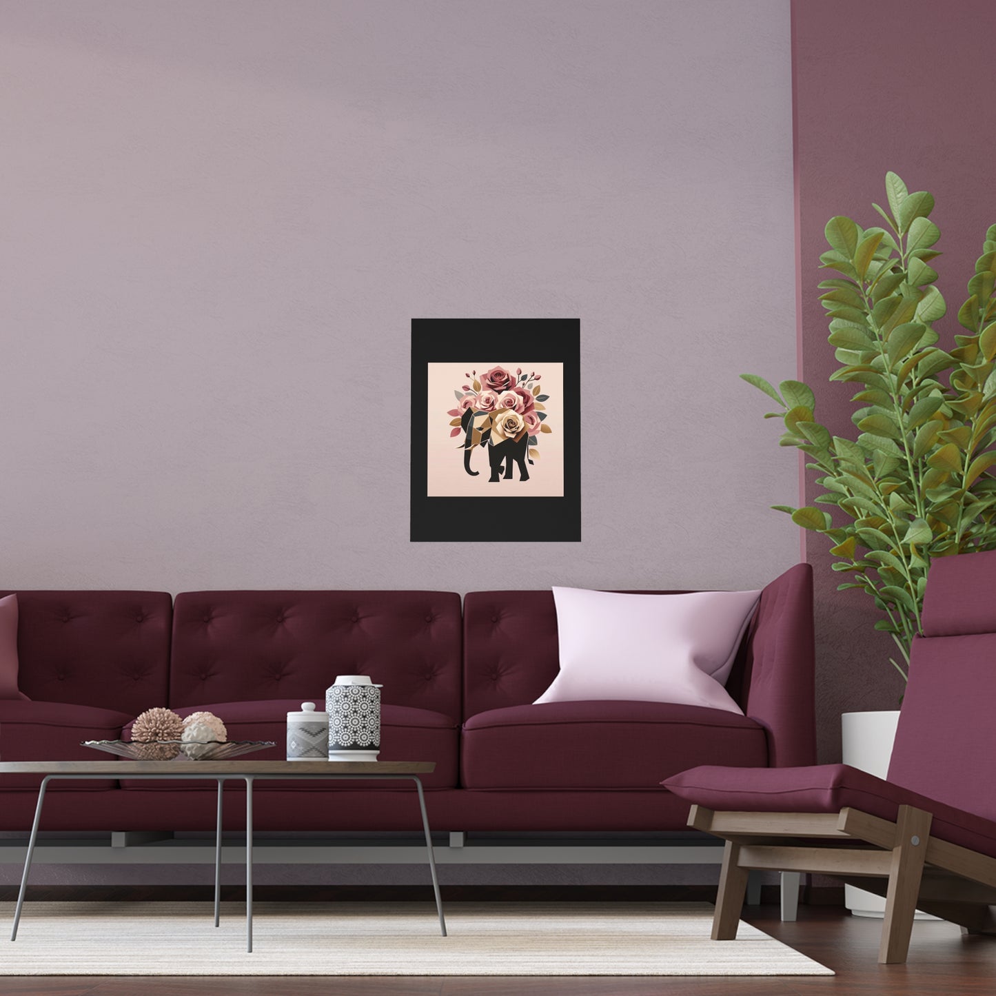 Elegant Floral Silk Poster - Indoor/Outdoor Wall Art for Home Decor - Black & Gold Elephant & Roses