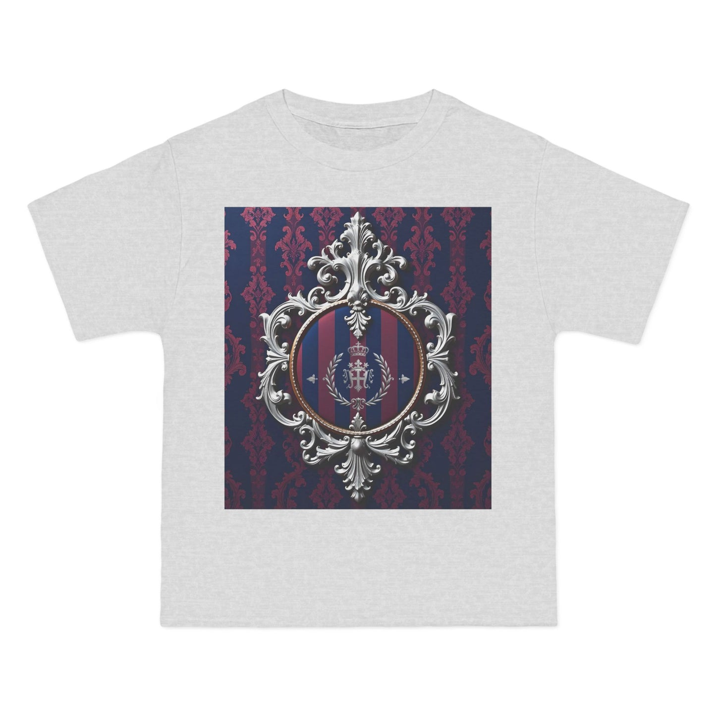 Elegant Unisex Graphic T-Shirt - Vintage Inspired, Casual Wear, Unique Gift, Art Tee, Fashion Statement - Blue & Plum Striped Silver Crest