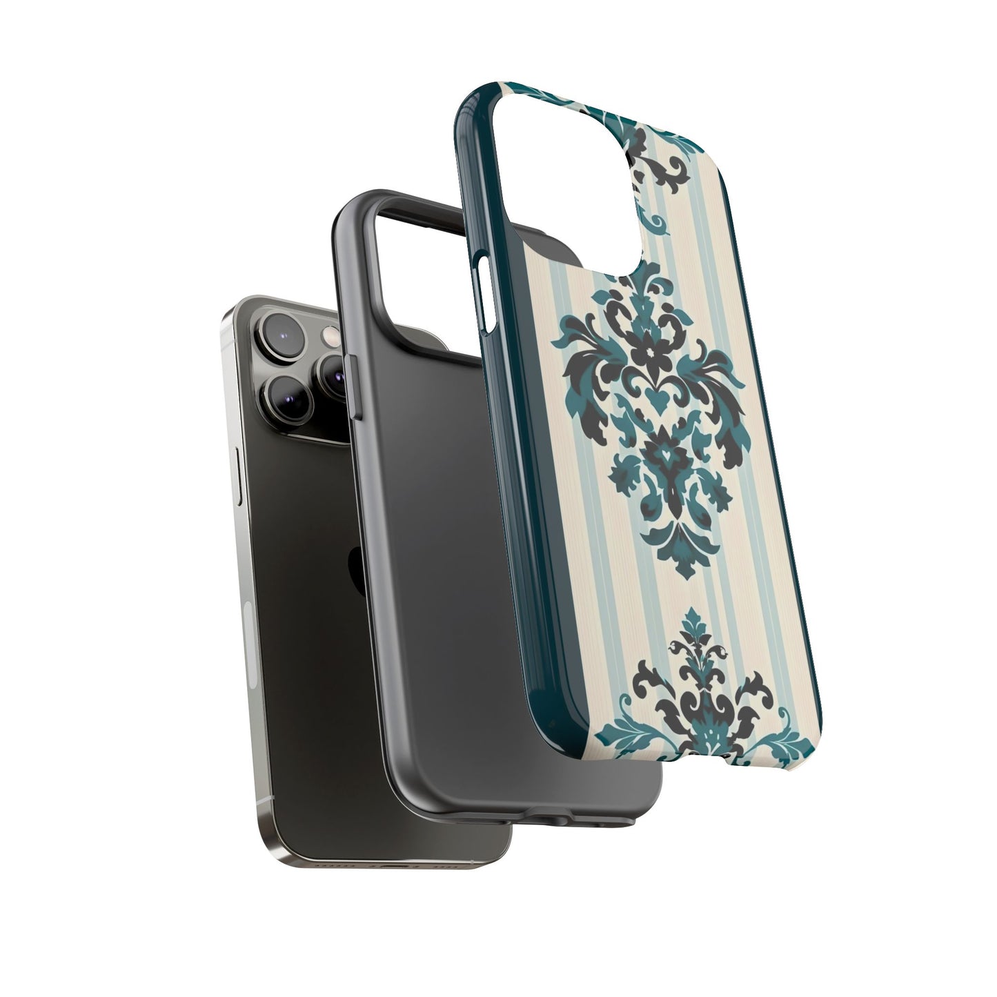 Elegant Floral Phone Case - Tough Cases with Vintage Design - Teal Striped Damask