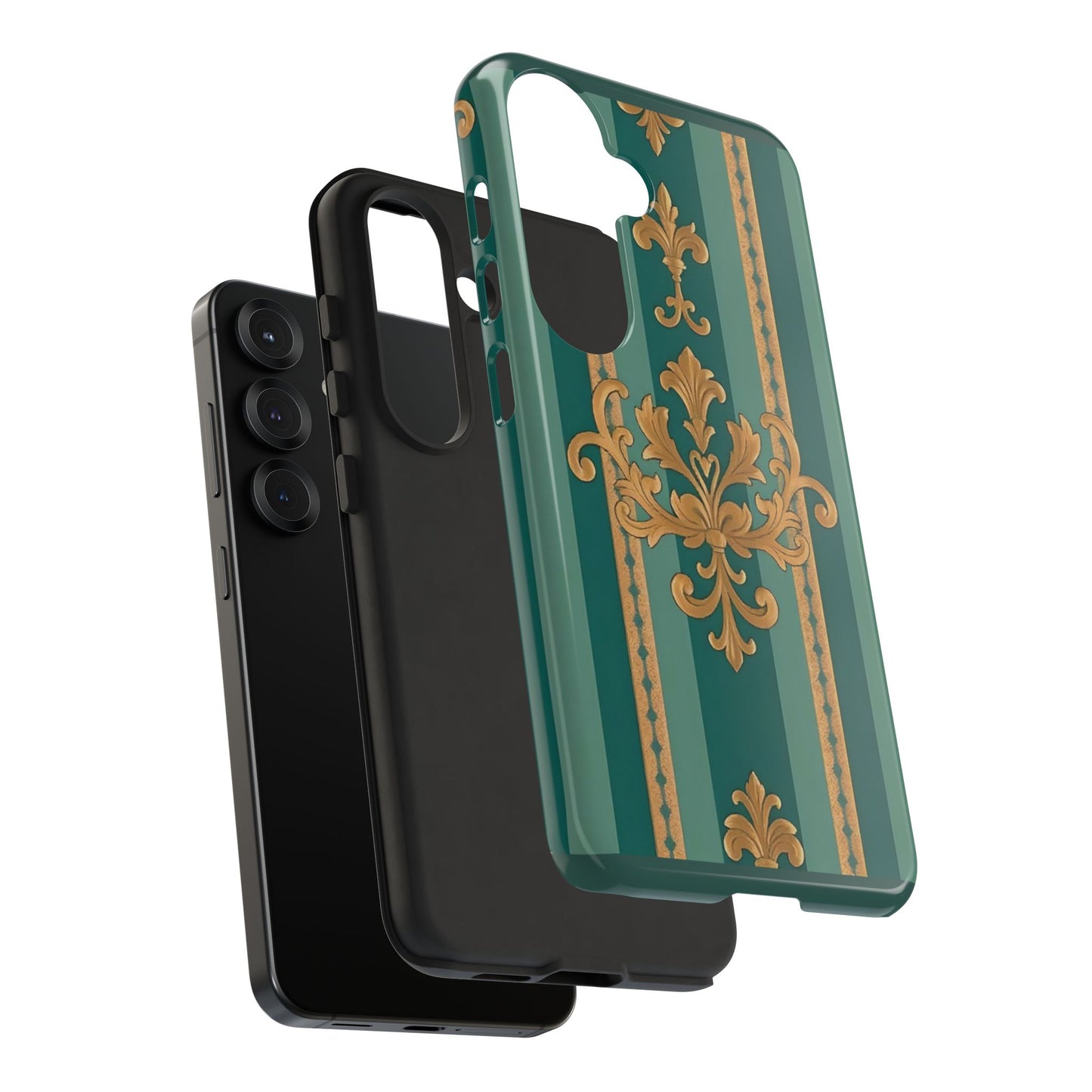 Elegant Floral Motif Phone Case - Tough Cases with Vintage Design - Teal Striped Gold Damask