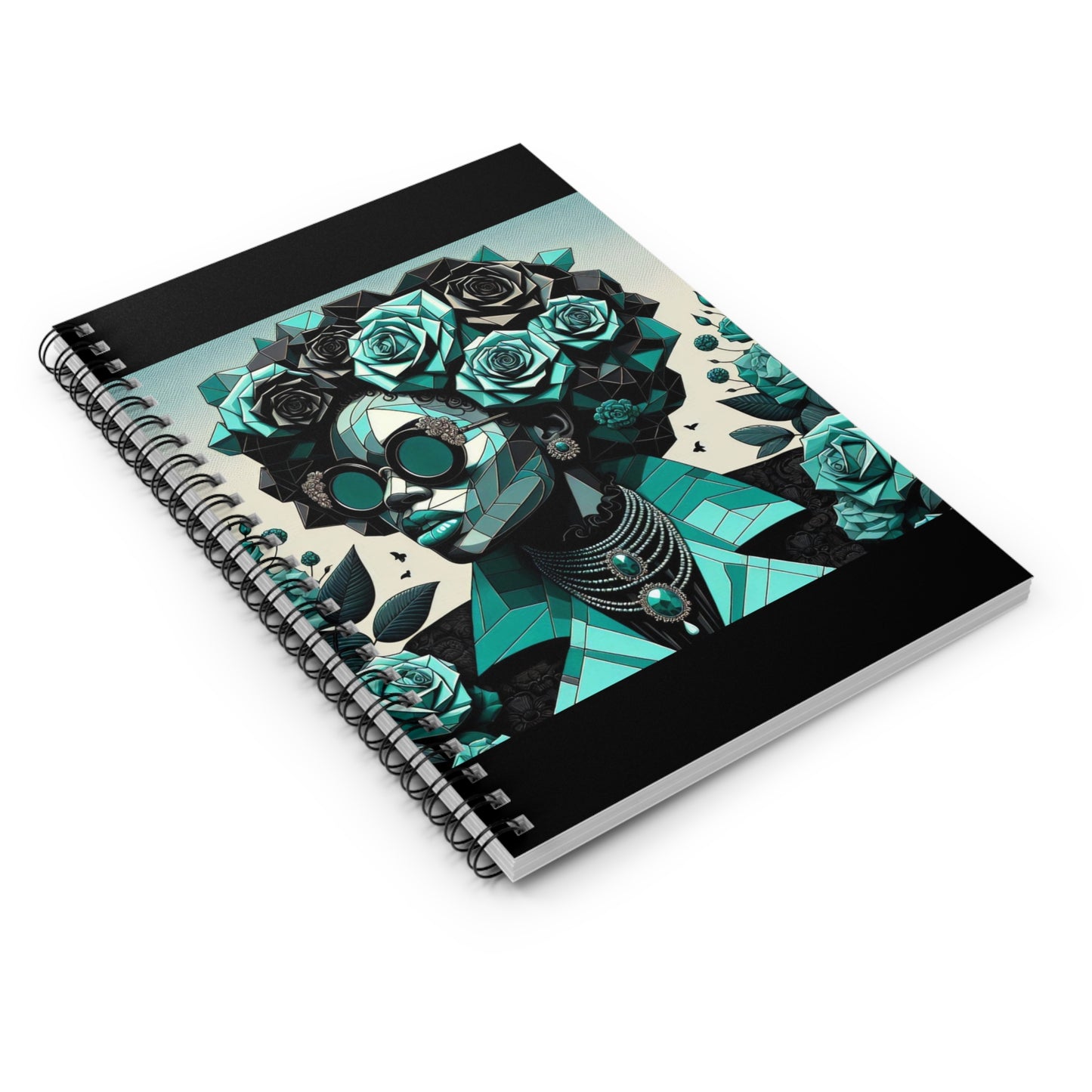 Artistic Floral Spiral Notebook - Ruled Line, Journal for Creativity, Gift for Writers, School Supplies - Turquoise & Black Roses Lady