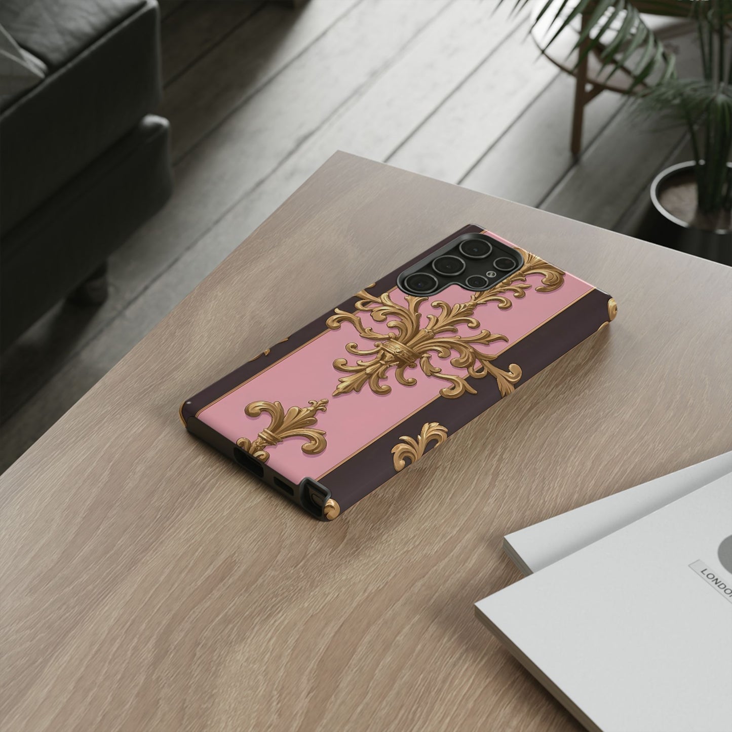 Elegant Floral Motif Phone Case - Tough Cases with Vintage Design - Pink & Brown Striped Gold Damask
