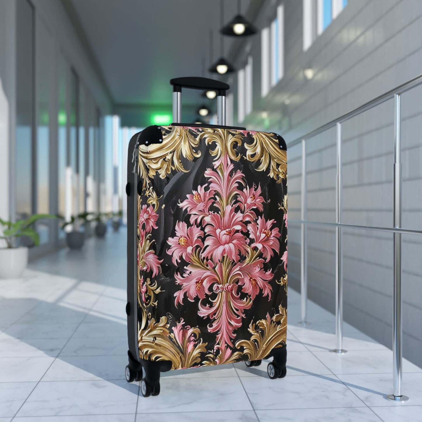 Elegant Floral Suitcase - Travel Luggage, Chic Carry-On, Stylish Baggage, Vintage-Inspired Design - Black & Pink Oil Painting Style Rococo