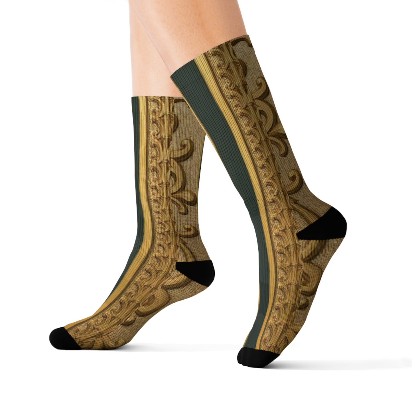 Elegant Teal Striped Gold Baroque Sublimation Socks, Fashion Accessories for Everyday, Gift for Her, Cozy Footwear, Wedding Socks