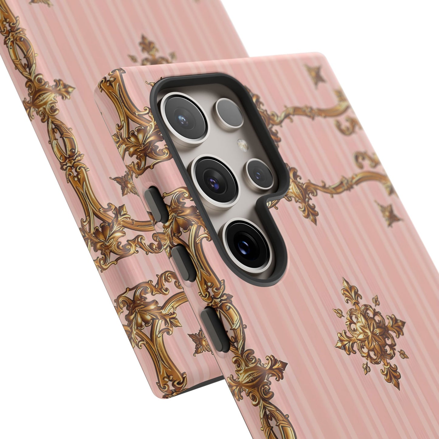 Elegant Floral Phone Case, Tough Cases for Women, Trendy Phone Cover, Chic Gift - Pink Striped Gold Baroque