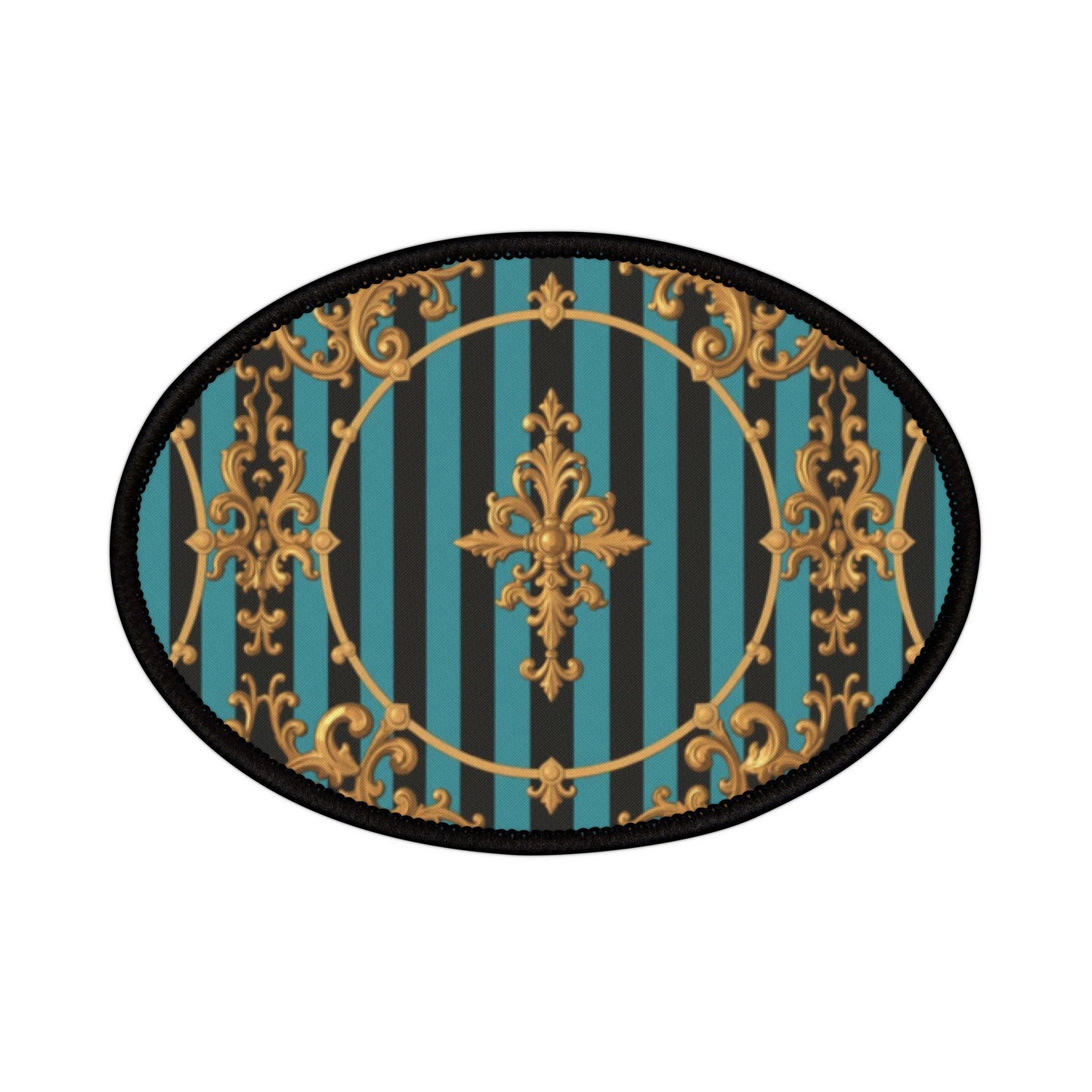 Turquoise & Black Striped Gold Baroque Iron-On Patches for Jackets, Bags, and DIY Projects | Retro Fashion, Unique Gifts