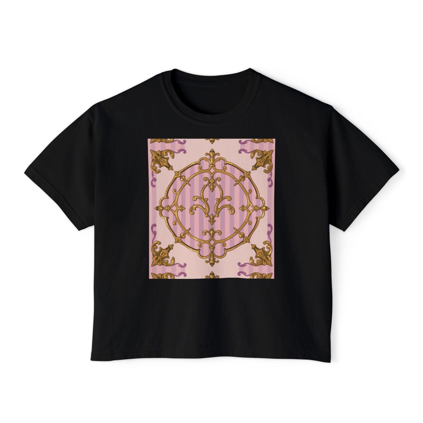 Chic Women's Boxy Tee with Elegant Lavender & Alabaster Striped Gold Baroque Design, Casual Top, Birthday Gift, Stylish Tee, Everyday Wear