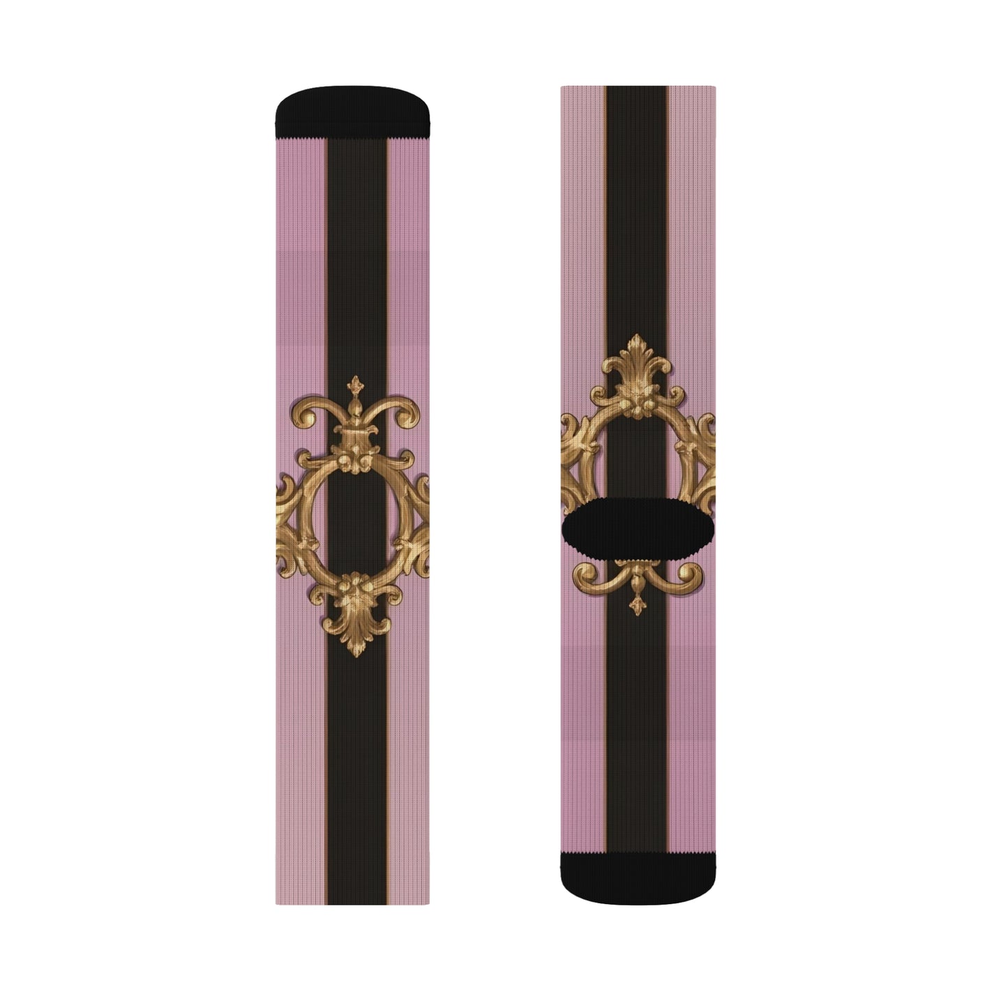 Chic Floral Sublimation Socks for Fashion Lovers, Cute Gift for Her, Trendy Footwear, Stylish Accessories - Matte Lavender & Black Striped Gold Baroque