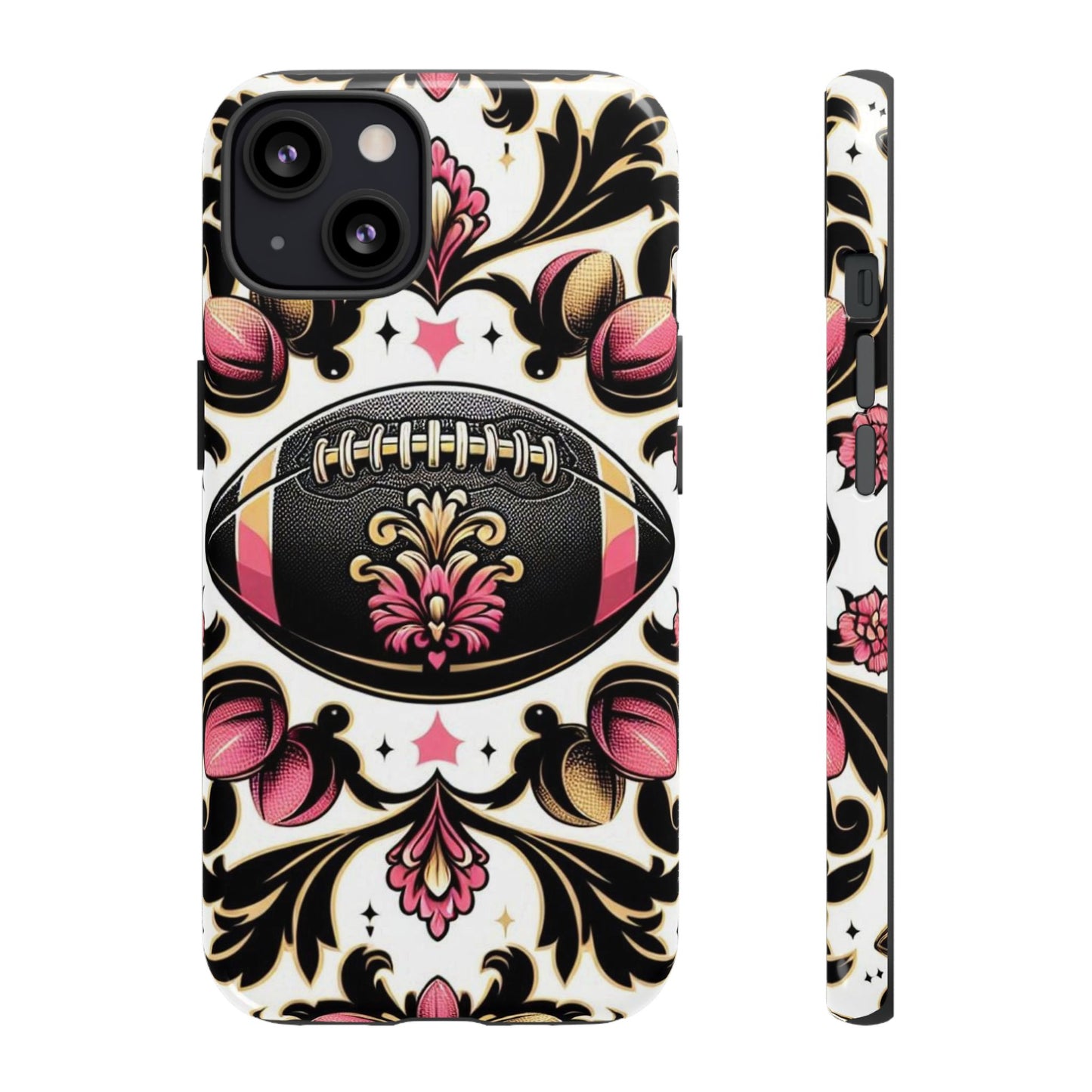 Elegant Floral Motif Phone Case - Tough Cases with Vintage Design - Damask White, Pink Gold & Black Football