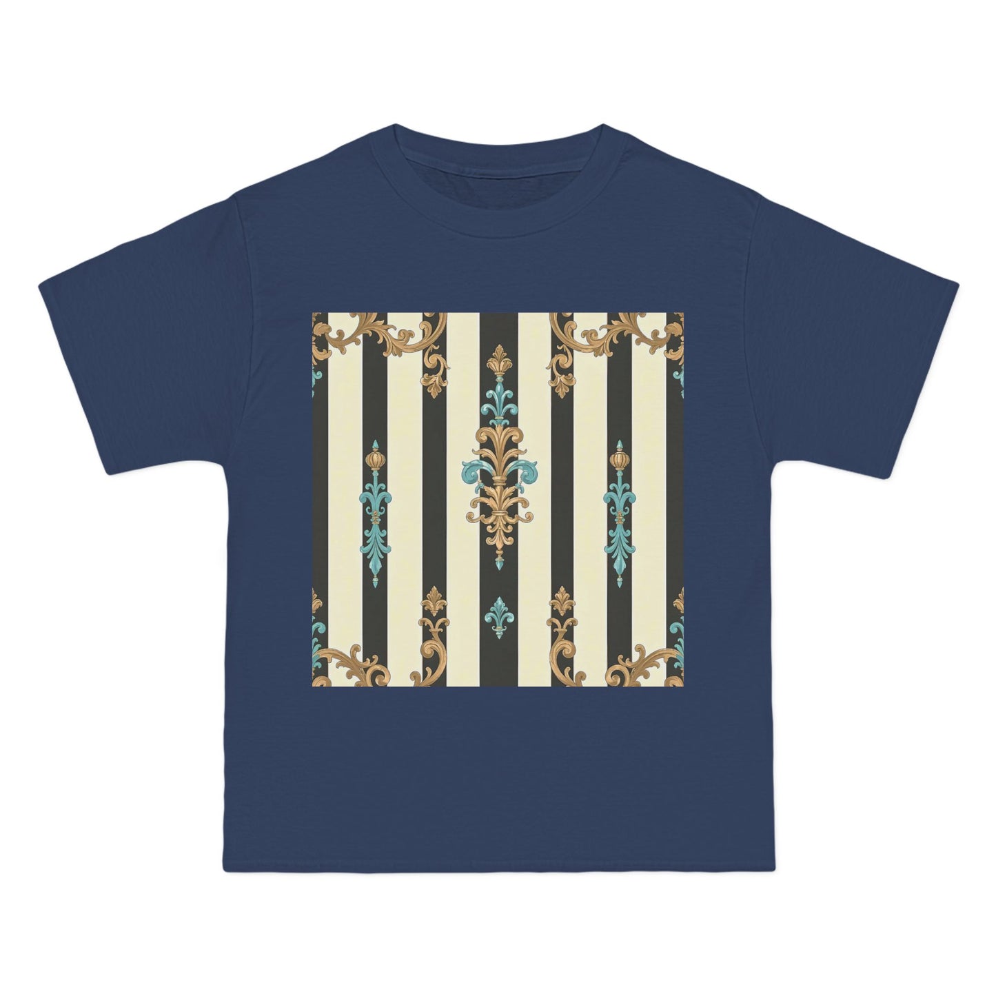 Elegant Floral Pattern Tee, Vintage Style T-Shirt, Gift for Her, Casual Outfit - Black Striped Turquoise & Black Rococo