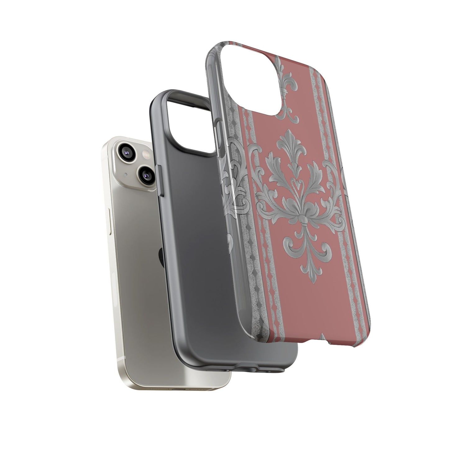 Elegant Floral Phone Case - Tough Cases for Stylish Protection - Gray & Mauve Striped Baroque