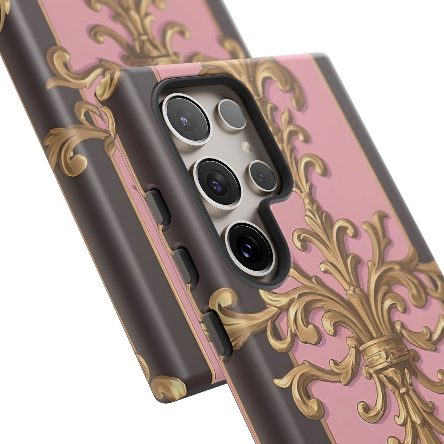 Elegant Floral Motif Phone Case - Tough Cases with Vintage Design - Pink & Brown Striped Gold Damask