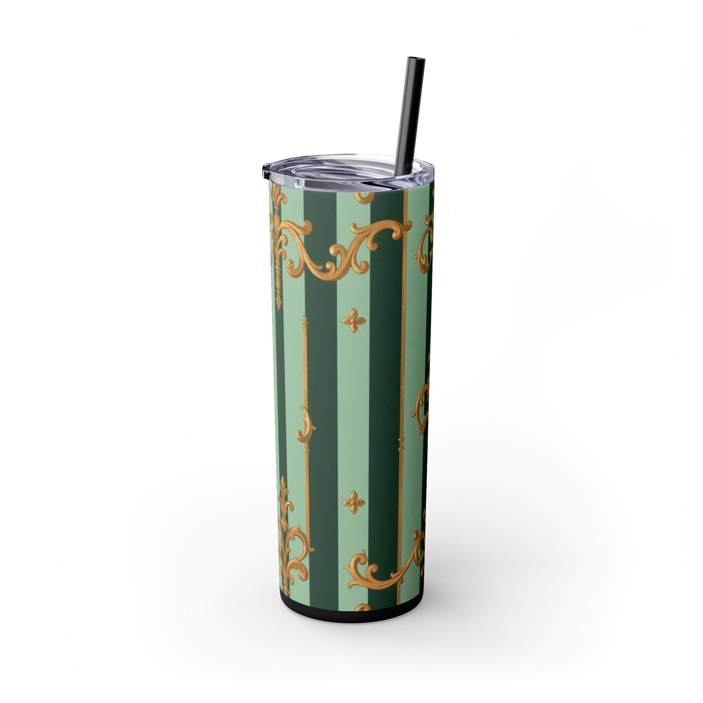 Elegant Floral Skinny Tumbler with Straw, 20oz – Stylish Travel Mug, Eco-Friendly Reusable Cup - Mint Green & Teal Striped Gold Baroque