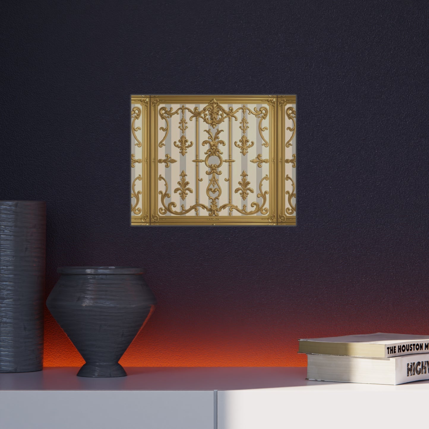 Elegant Ornate Foam Board Art - Luxury Wall Décor, Home Decoration, Versatile Display Board - Matte Gray & Cream Striped Gold Baroque
