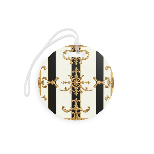 Elegant Travel Luggage Tags, Stylish Suitcase Labels, Personalized Baggage Tags, Unique Travel Accessories - Black & White Striped Gold Baroque