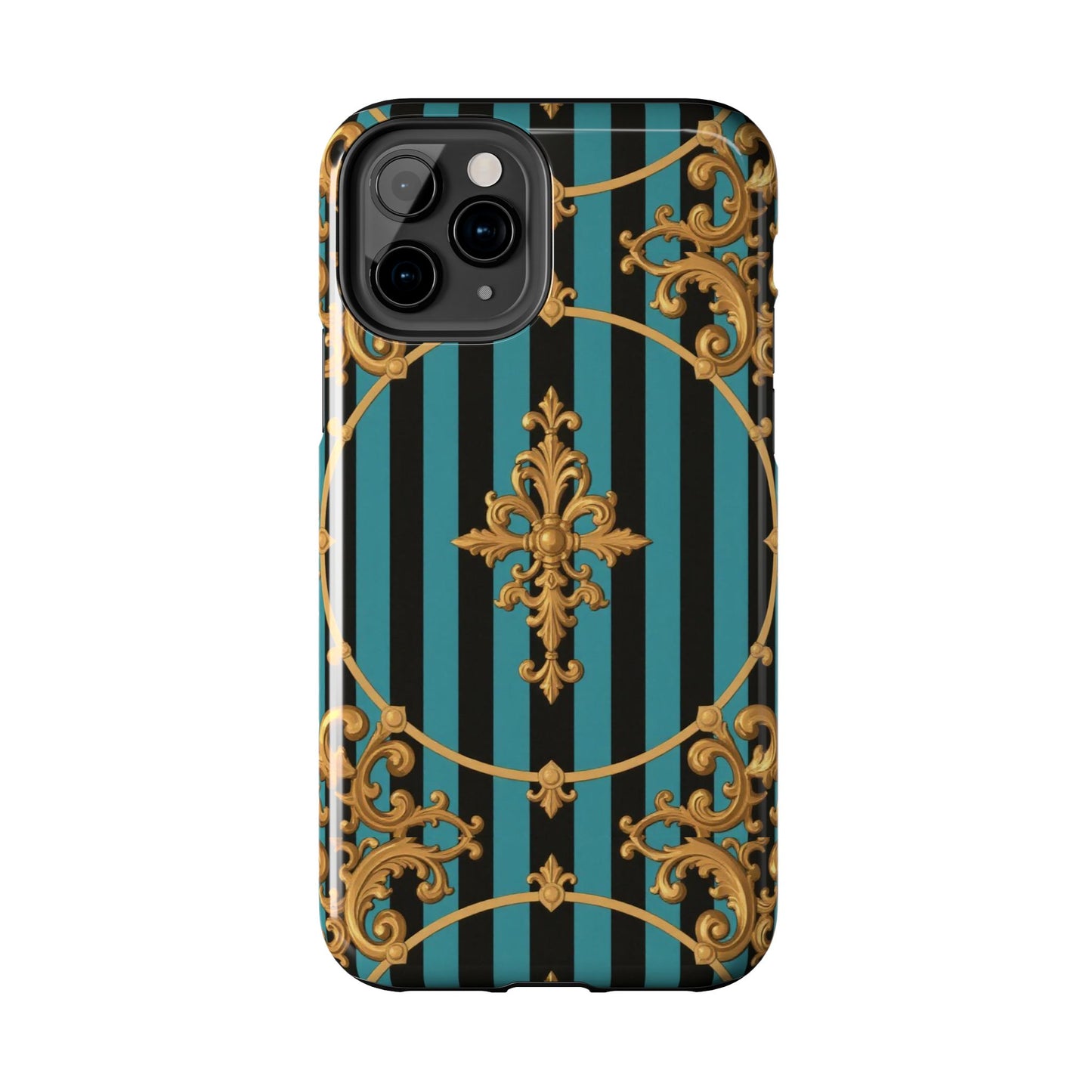 Elegant Turquoise & Black Striped Gold Baroque Phone Case, Tough Phone Cases for Fashion Lovers, Gift for Her, Luxury Accessories