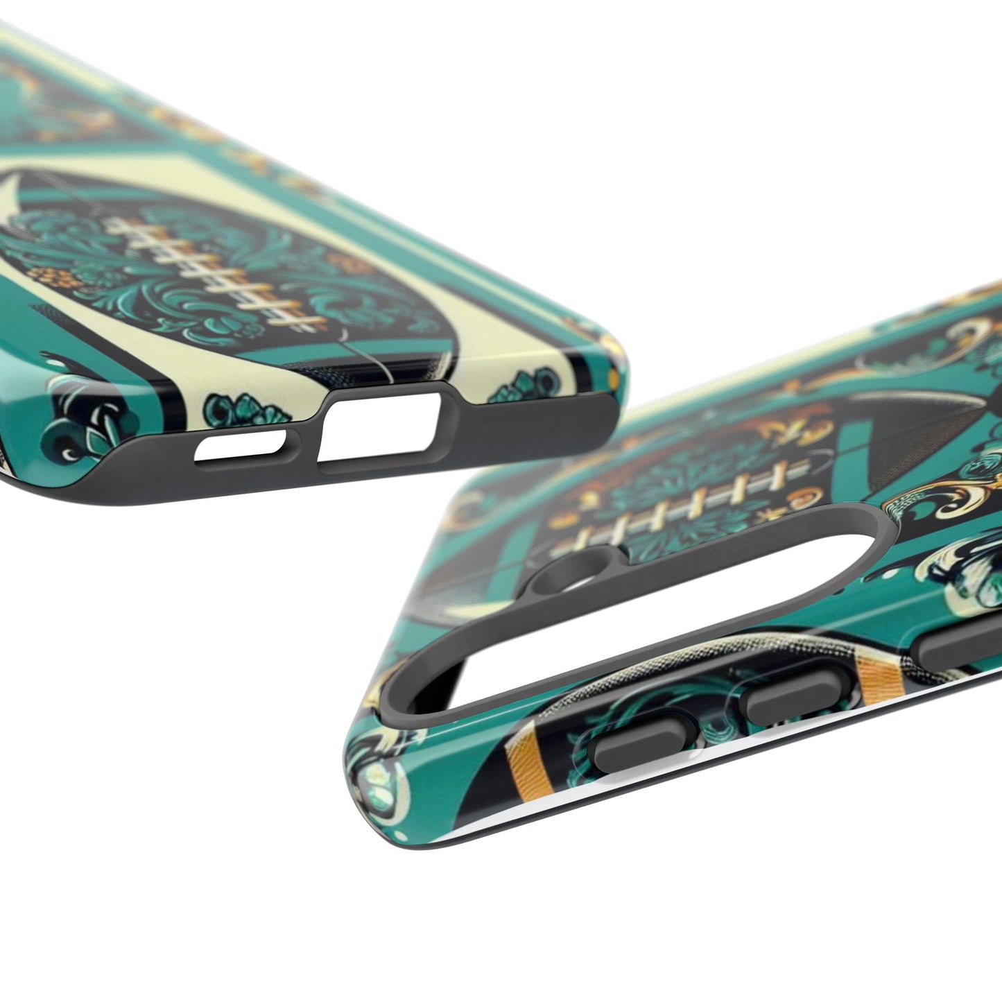 Elegant Floral Motif Phone Case - Tough Cases with Vintage Design -  Damask Teal, Gold & Black Footballs