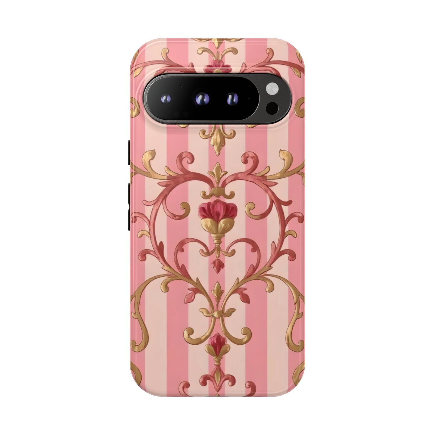 Elegant Floral Motif Phone Case - Tough Cases with Vintage Design - Pink Striped Rose Gold Damask