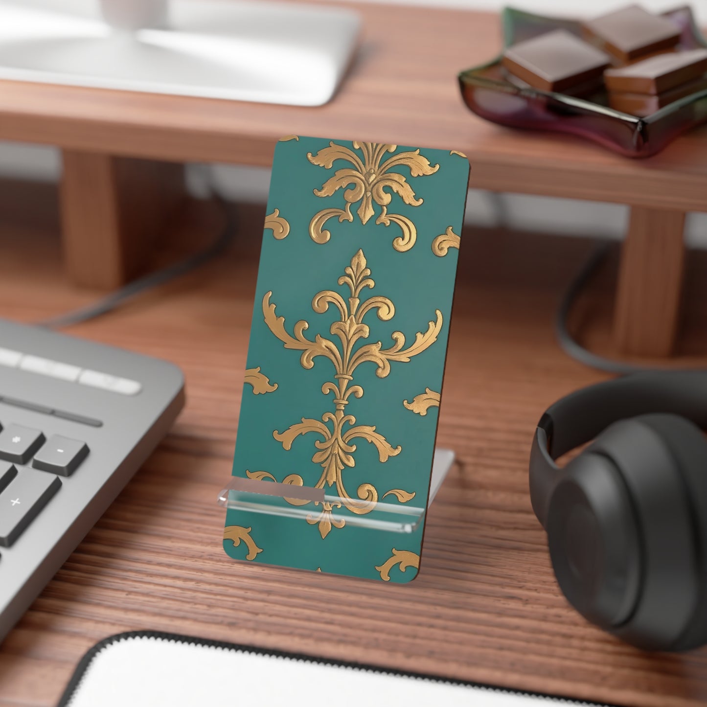 Elegant Floral Smartphone Display Stand - Aqua Damask - Decorative Mobile Holder