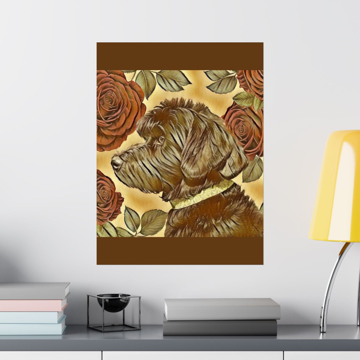 Floral Motif Art Poster - Elegant Matte Vertical Wall Decor - Golden Doodle & Roses