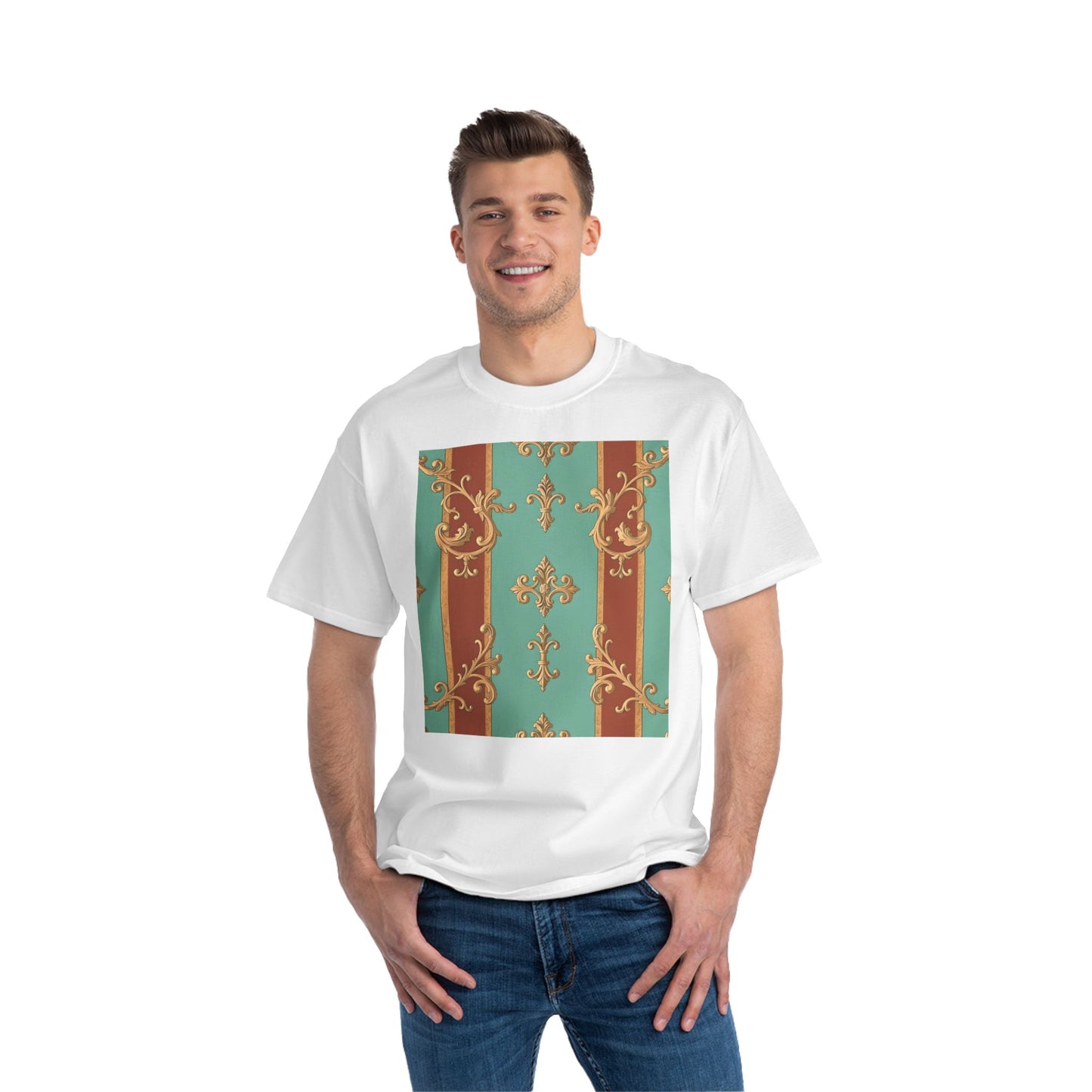 Elegant Vintage Patterned T-Shirt | Vintage Style Tee, Casual Wear, Retro Aesthetic - Rust & Mint Aqua Striped Baroque