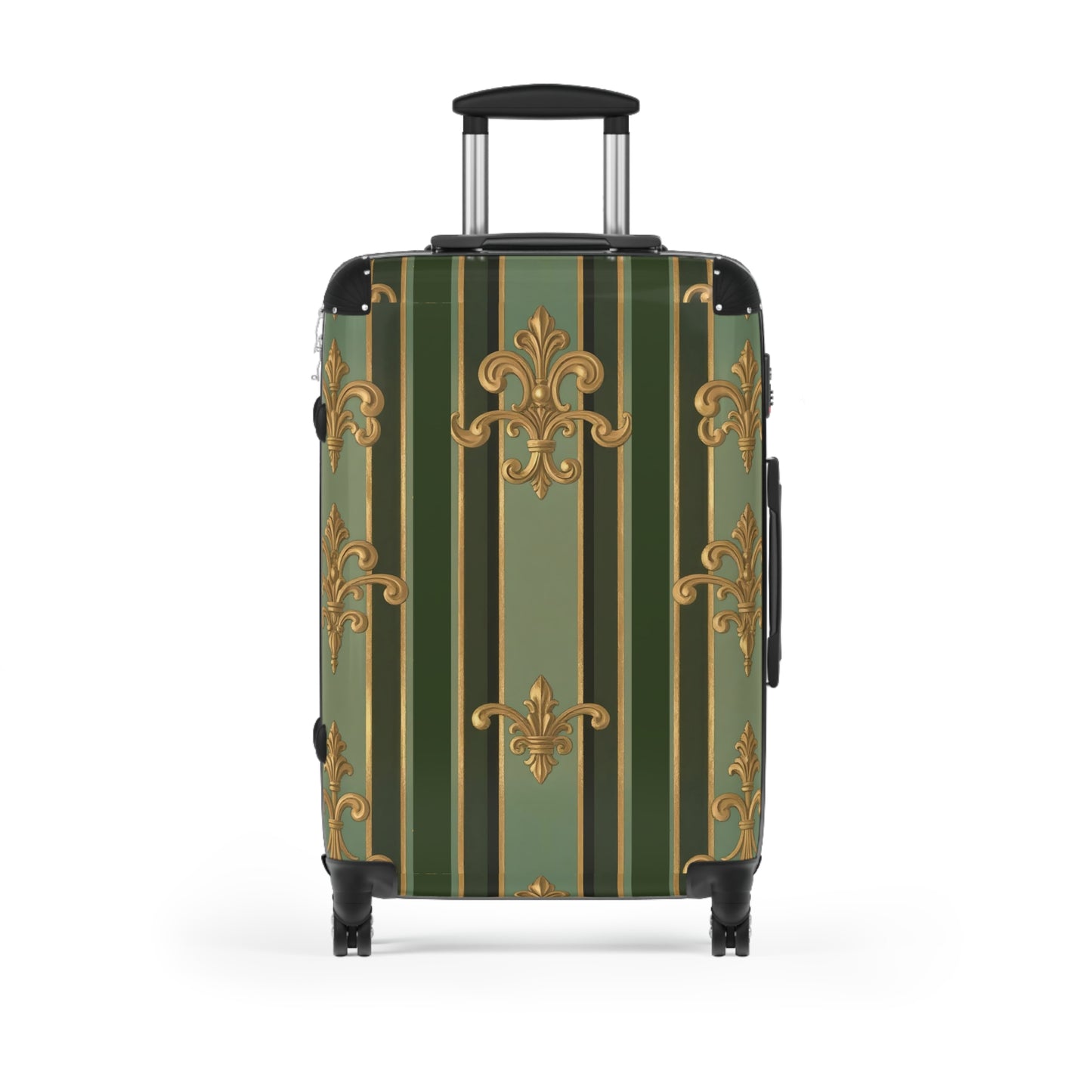 Elegant Travel Suitcase with Vintage Design, Personalized Luggage for Travelers, Monogrammed Carry-On - Green Striped Gold Baroque
