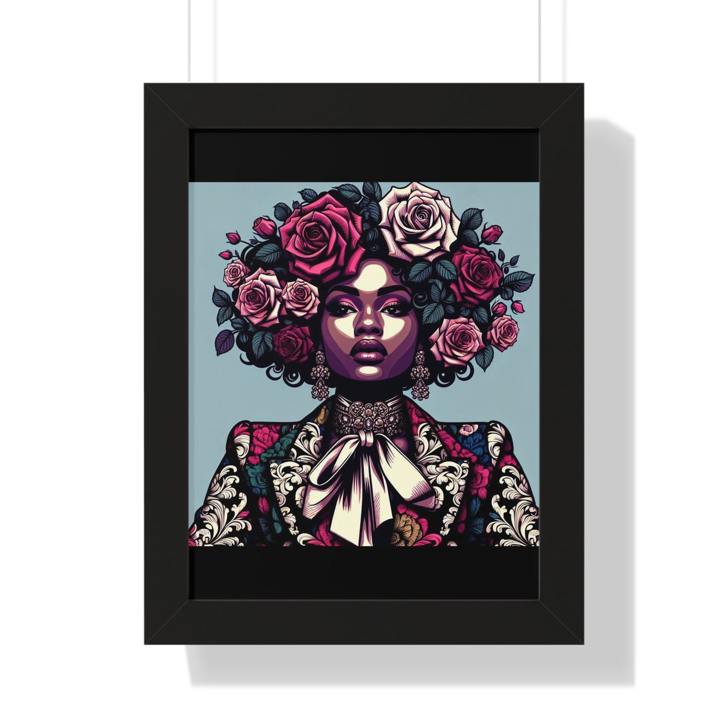 Vertical Poster -  Lady In Damask Suit & Roses Wall Art