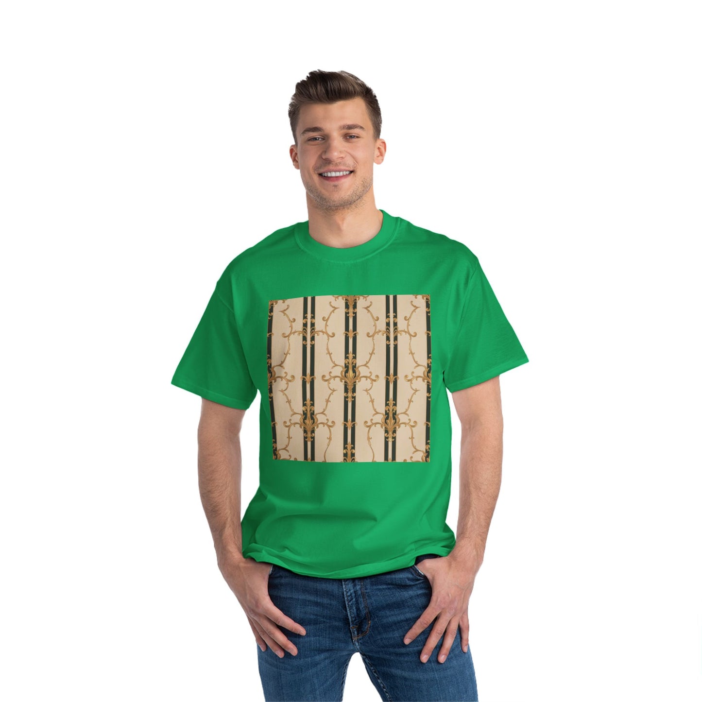 Stylish Graphic Tee for Casual Wear, Fashionable Short-Sleeve Shirt, Unique Summer Top - Black & Beige Striped Damask