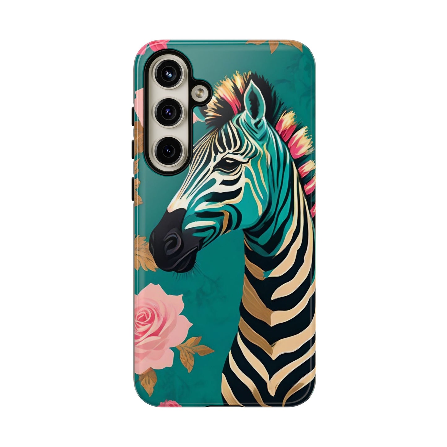 Phone Case - Elegant Teal & Gold Zebra & Roses Design