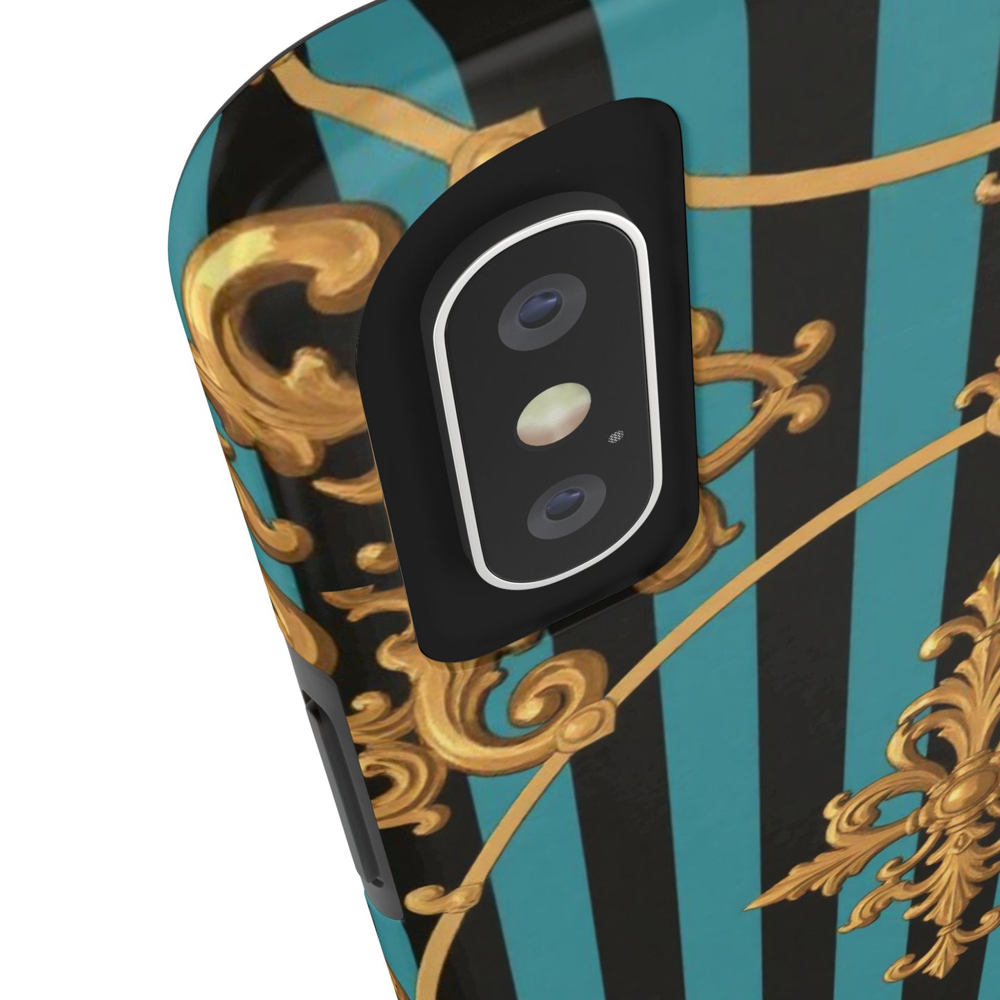 Elegant Turquoise & Black Striped Gold Baroque Phone Case, Tough Phone Cases for Fashion Lovers, Gift for Her, Luxury Accessories