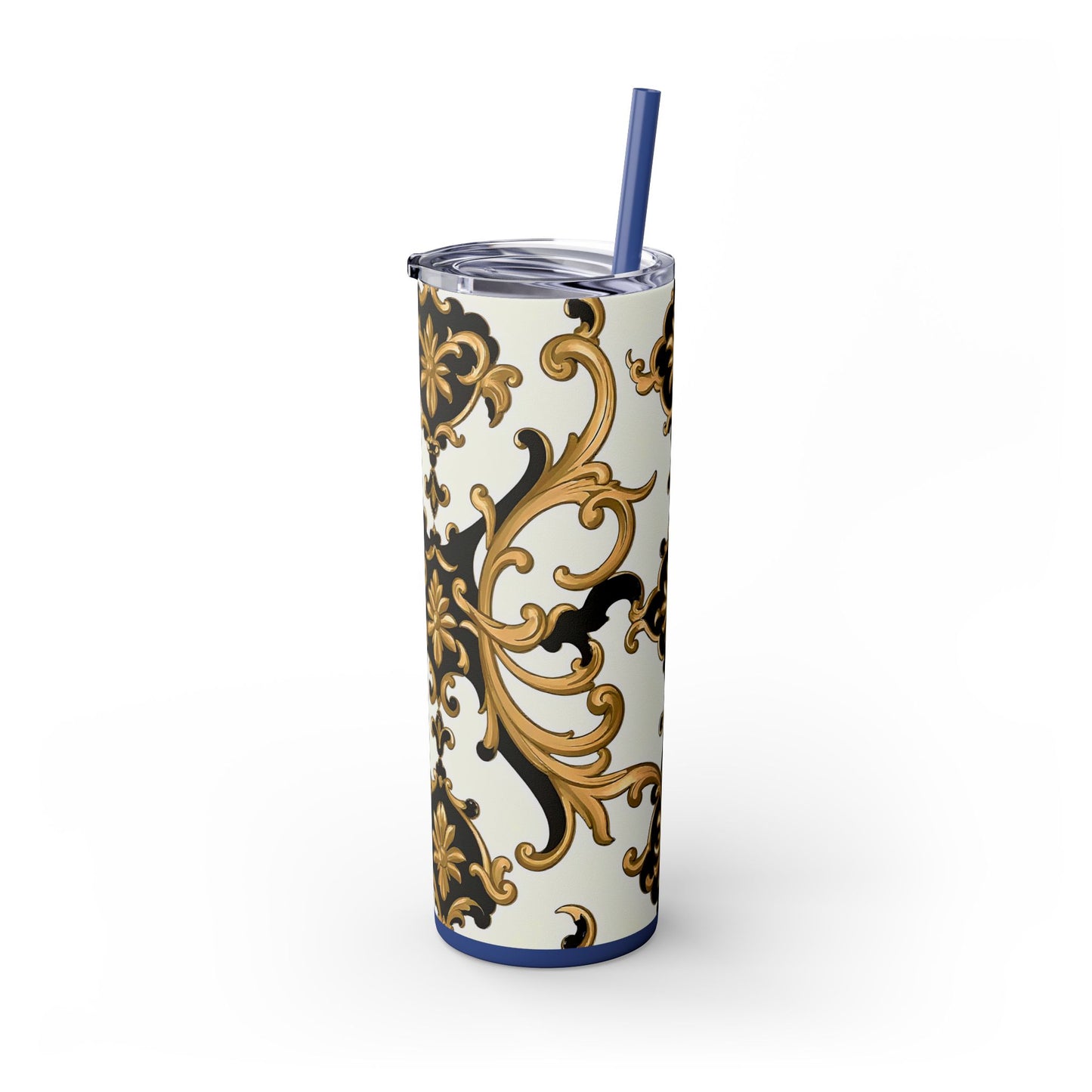 Elegant Gold Floral Skinny Tumbler, 20oz | Insulated Cup for Hot & Cold Drinks, Travel Mug, Gift for Mom, Stylish Drinkware - Black & Gold Rococo