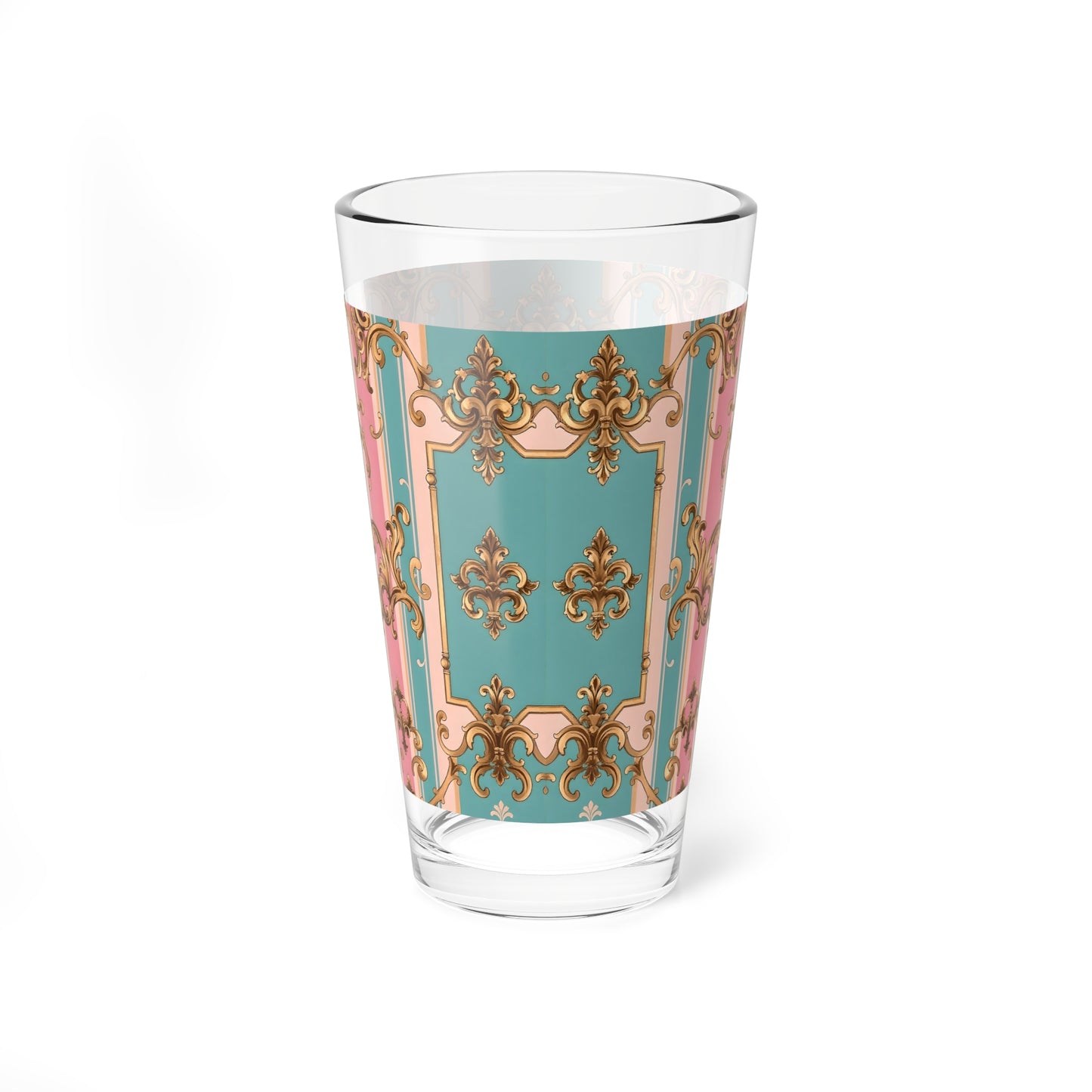 Elegant Mixing Glass, 16oz - Decorative Drinkware for Cocktails, Parties, Home Bar, Gift for Her - Pink & Matte Turquoise Striped Rococo